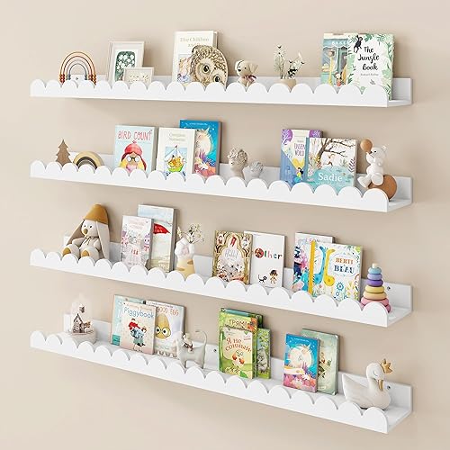 Miniatura 9 de Fun Memories - Estantería de 24 pulgadas en color blanco para habitación del bebé, con borde festoneado para pared, juego de 4, estantes flotantes
