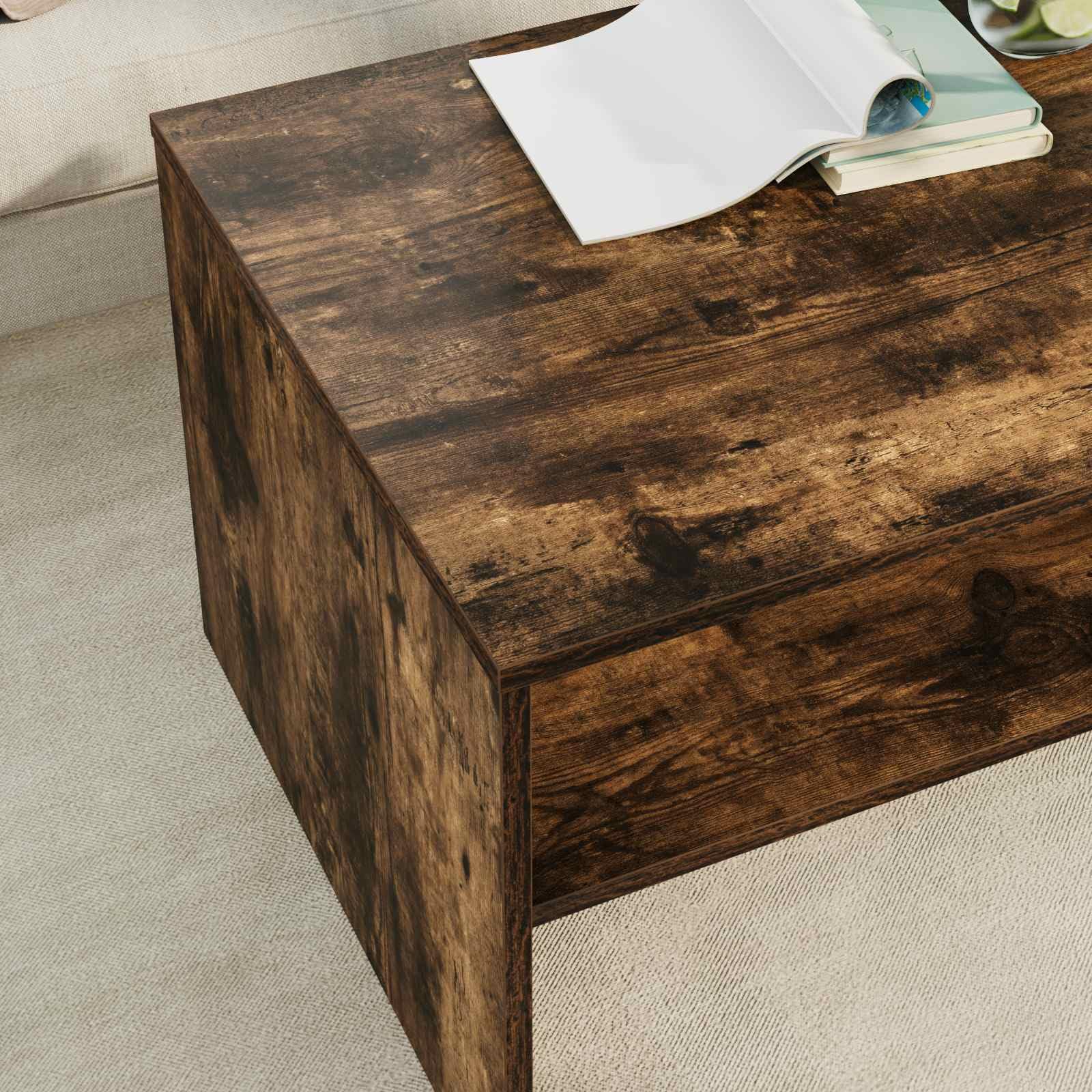 Stolik kawowy wędzony dąb 80 x 50 x 40 cm materiał drewnopochodny z półkami i prostokątnym wzorem do salonu