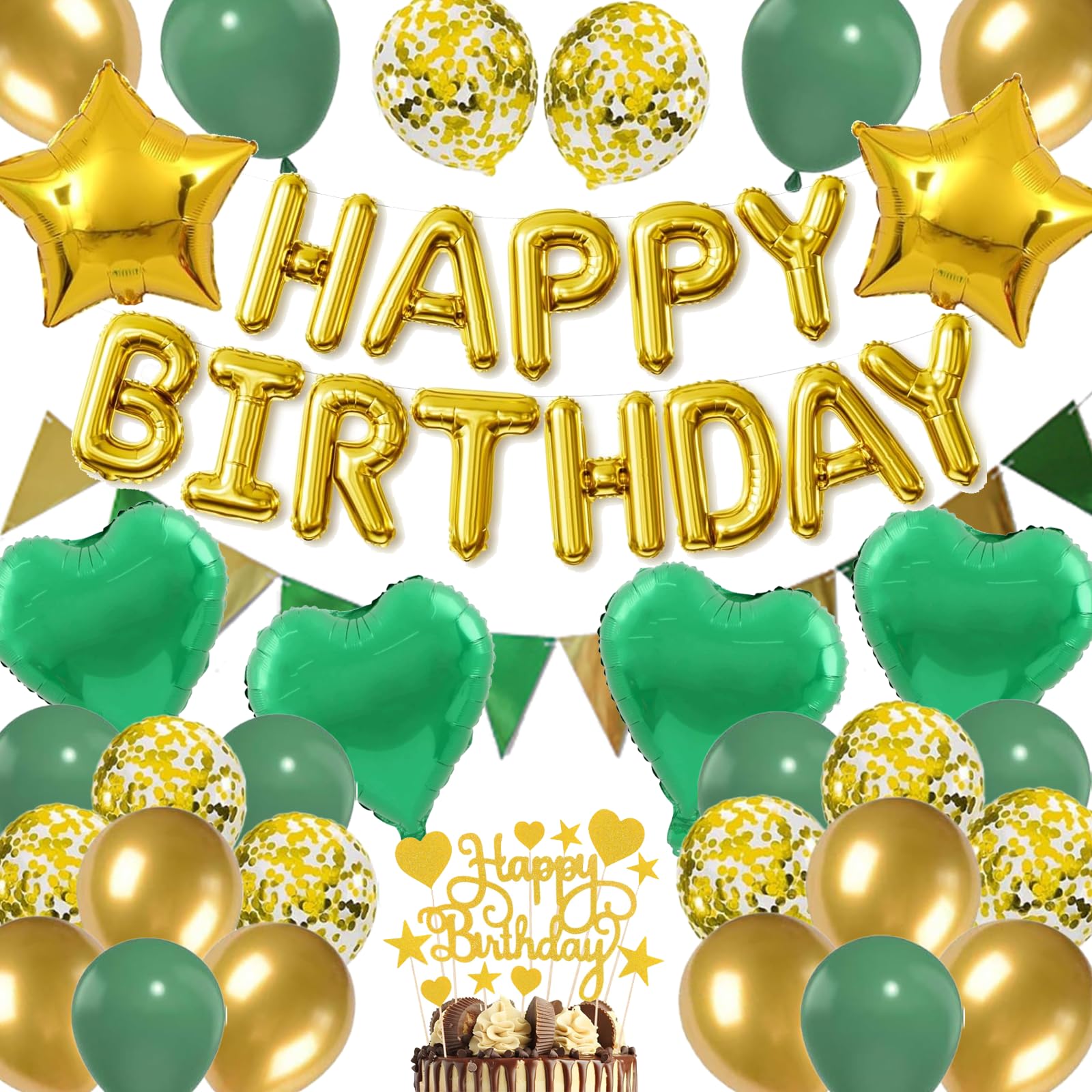 Birthday Party Decoration Supplies, Green Gold Balloon Kit - 45 Pack Featuring Star & Heart Foil Balloons, Latex Confetti Balloons for Women men kids Birthday Party — image 1