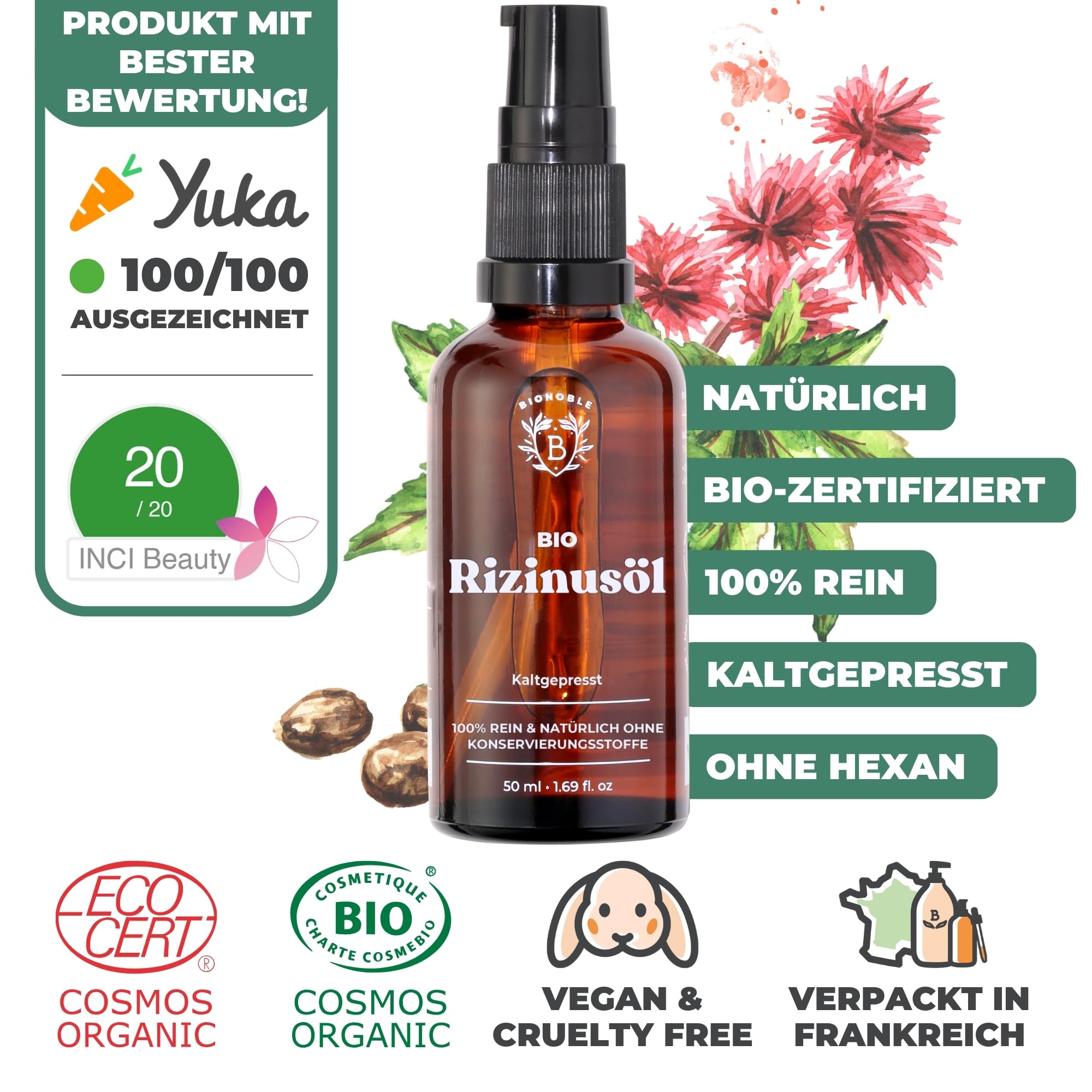 BIONOBLE Rizinusöl Kaltgepresst Bio - 100% Natürlich, Ohne Hexan - Wachstumsfördernd, Repariert -... Ansicht 3