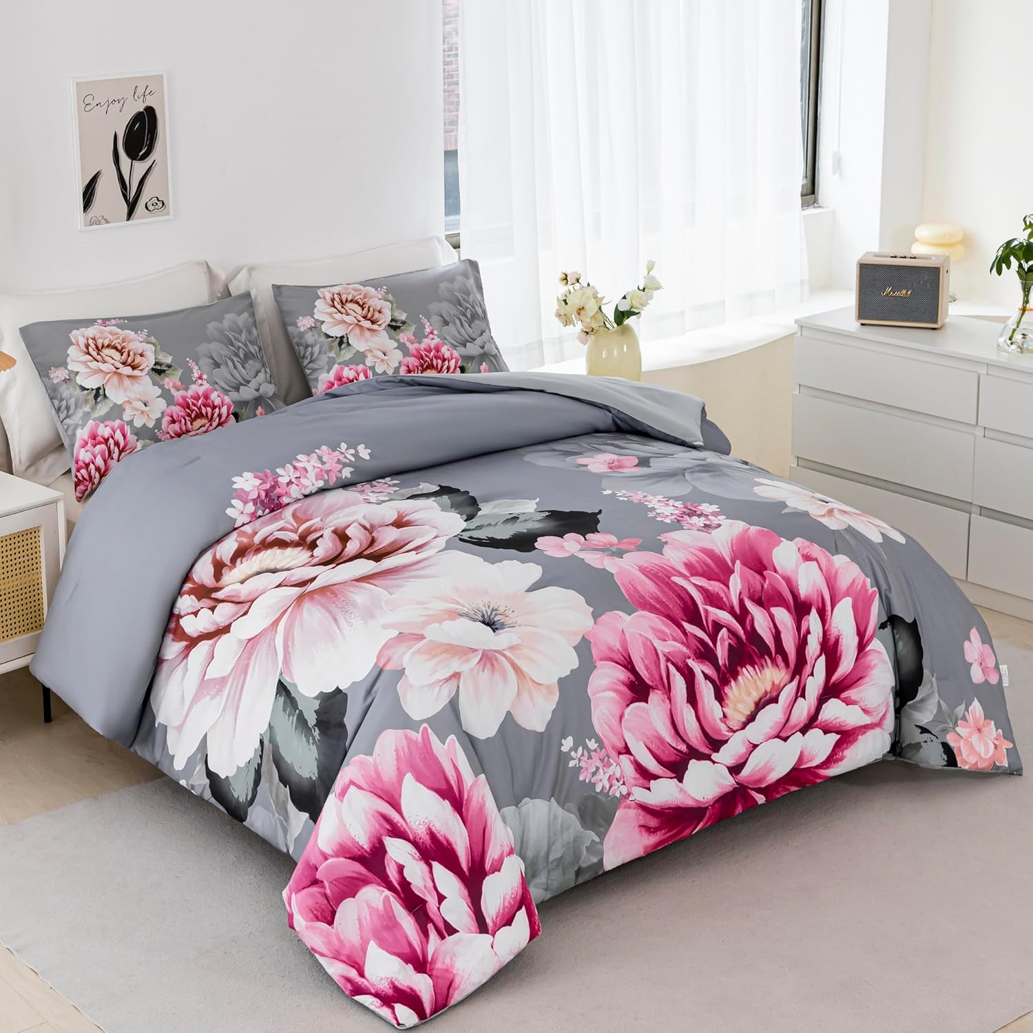 RYNGHIPY Grey Bed Comforter Set Queen Size 3 Pieces Pink Flowers Printed Bedding Set Soft Microfiber Comforter Sets with 1 Comforter 2 Pillocases (Grey,Queen Size) - Image 3