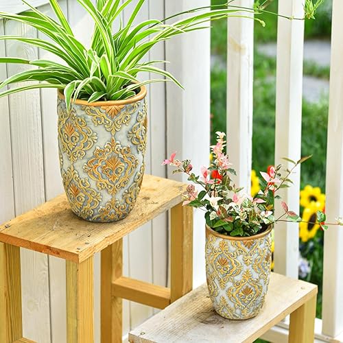 Miniatura 7 de Sungmor Juego de 2 macetas de cemento de 6.7 pulgadas y 8.6 pulgadas, macetas para suculentas con orificio de drenaje, diseño en relieve, uso en