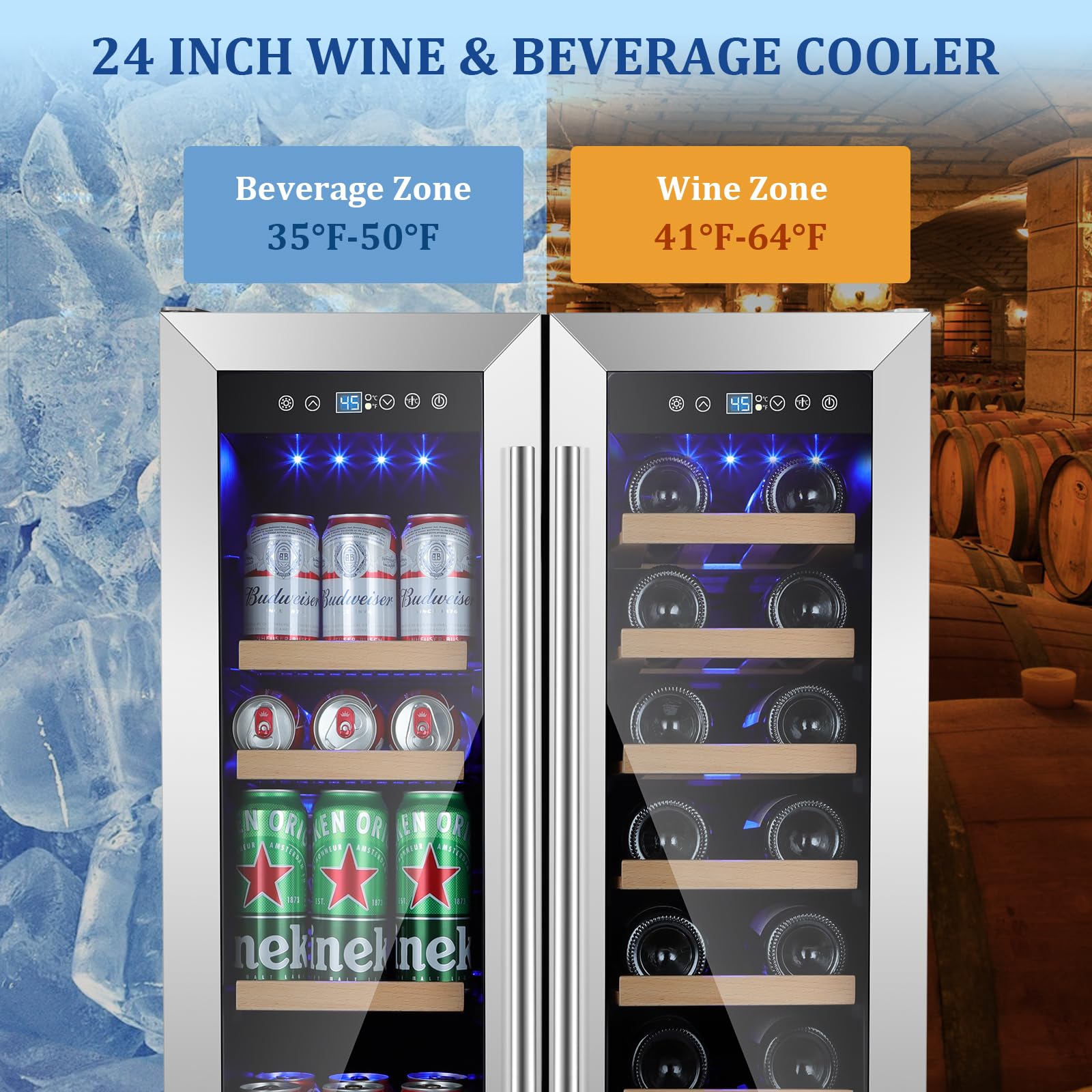 Mzavp 24 Inch Wine And Beverage Refrigerator, Dual Zone Beverage Cooler With Glass Door, Built-In Or Freestanding Wine Fridge With Fast Cooling, 20 Bottles And 88 Cans Large Capacity on Fridge.com - View 2
