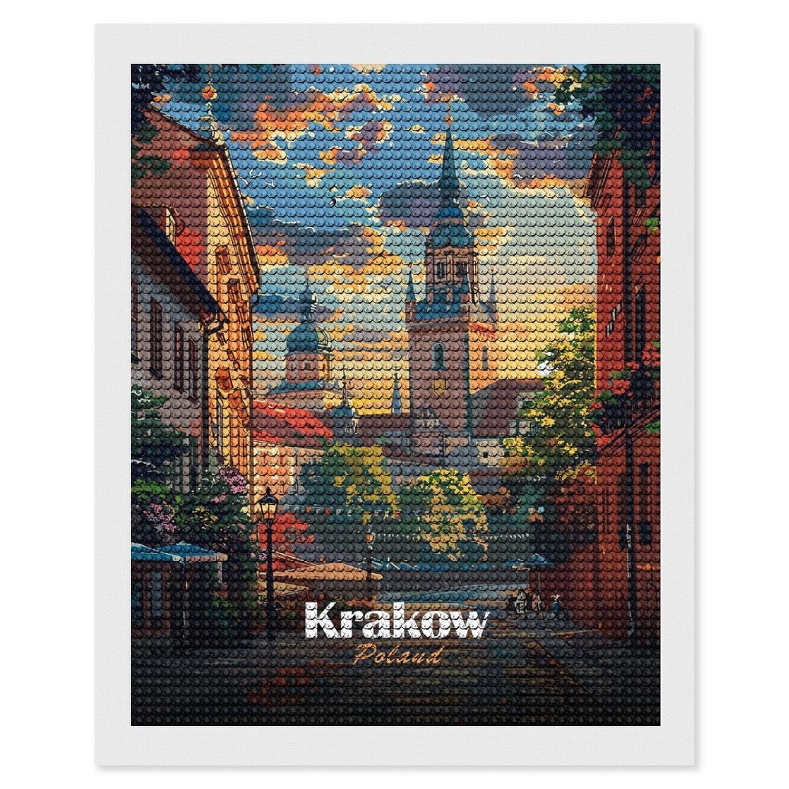 Junmoney Krakow, Poland Cityscape Illustration Diamond Art Canvas 16"x20", Easy to Follow Symbols, Finish and Display, Fun Craft Experience, Aesthetic Room Decor