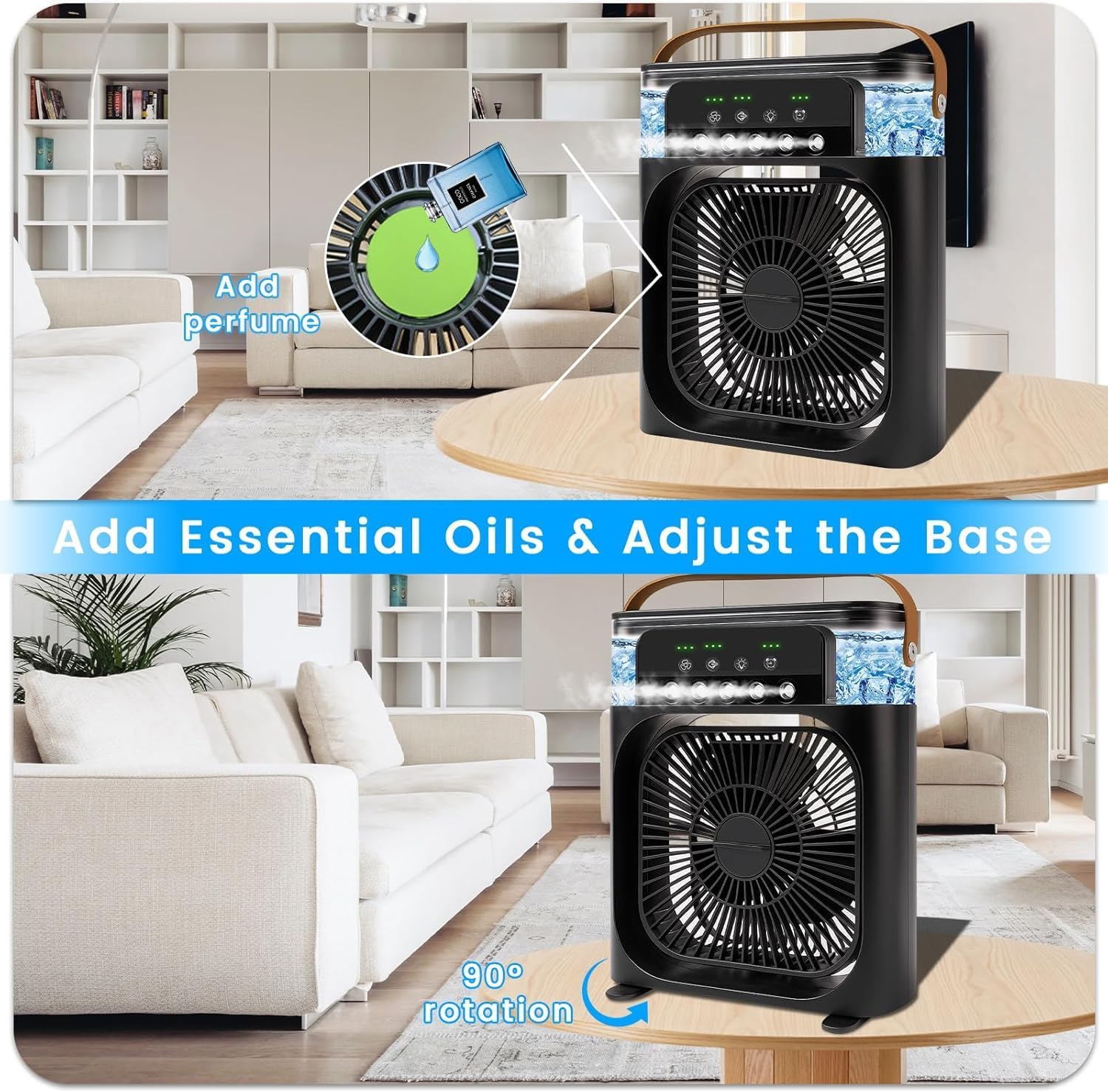 Portable Air Conditioner Fan, Mini Evaporative Air Cooler with 5 Spray Nozzles,3 Wind Speeds, 7 Colors LED Light,600ML,Desk fan,Personal AC Unit Fan for Bedroom Office Camping (Black)