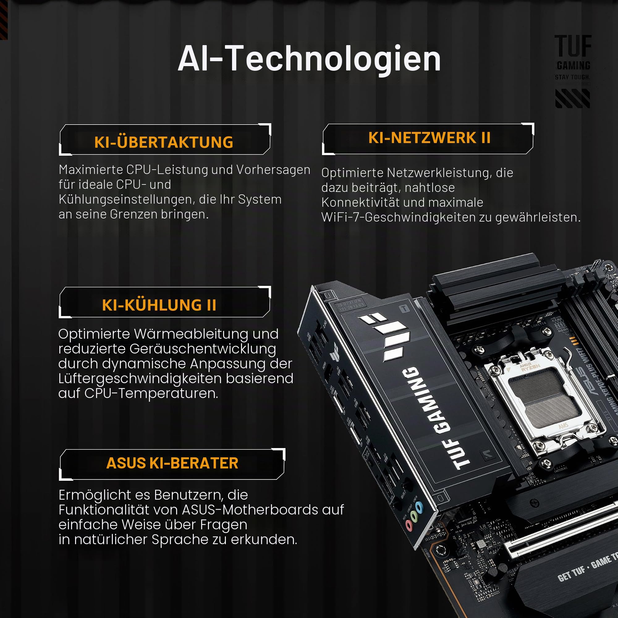 TUF Gaming X870E-PLUS WIFI7 AMD X870E ATX Motherboard mit 16+2+1 80A Leistungsstufen, DDR5 Unterstützung mit AEMP, PCIe 5.0 x16 mit PCIe Slot Q-Release Slim, Vier M.2 Slots, WiFi 7 mit ASUS WiFi