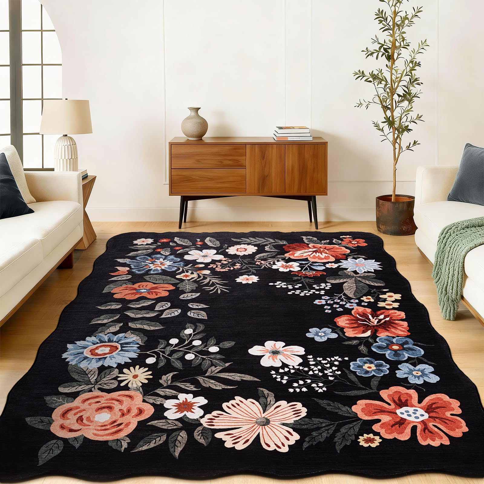 SOANNY Floral Living Room Rug, Boho Area Carpet, Soft Low Pile Washable Non Slip Stain Resistant Rugs for Bedroom Entryway Nursery Office Dining Room Office, 80x150 cm, Scalloped Black — image 1
