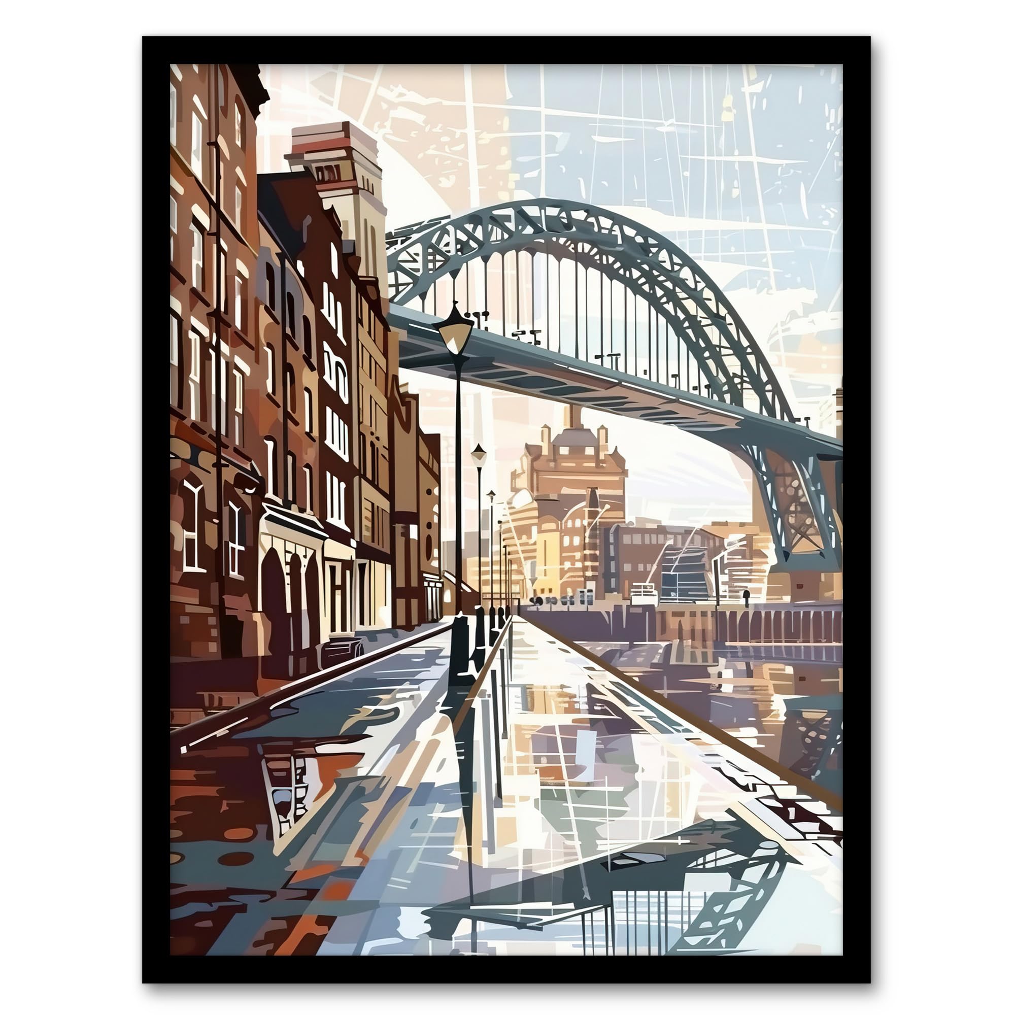 Artery8 Framed 12X16" Newcastle Tyne Bridge Abstract Cityscape England Living Room Art Print Framed Poster Wall Decor 12X16 Inch