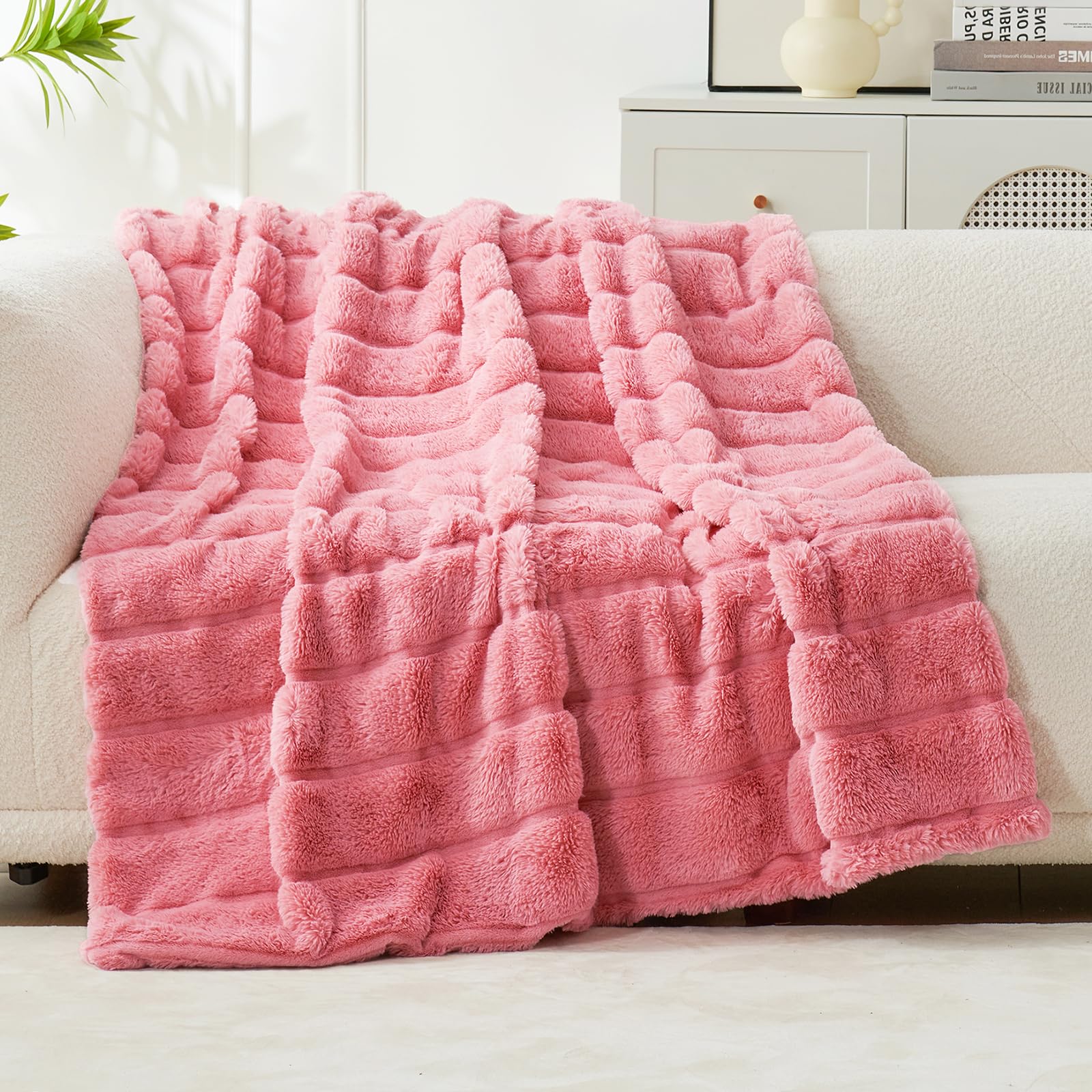 Cozy BlissFaux Fur Throw Blanket for Couch, Cozy Warm Plush Striped Blanket for Sofa Bedroom Living Room, 50 * 60 Inches PinkOEKO-TEX STANDARD 100