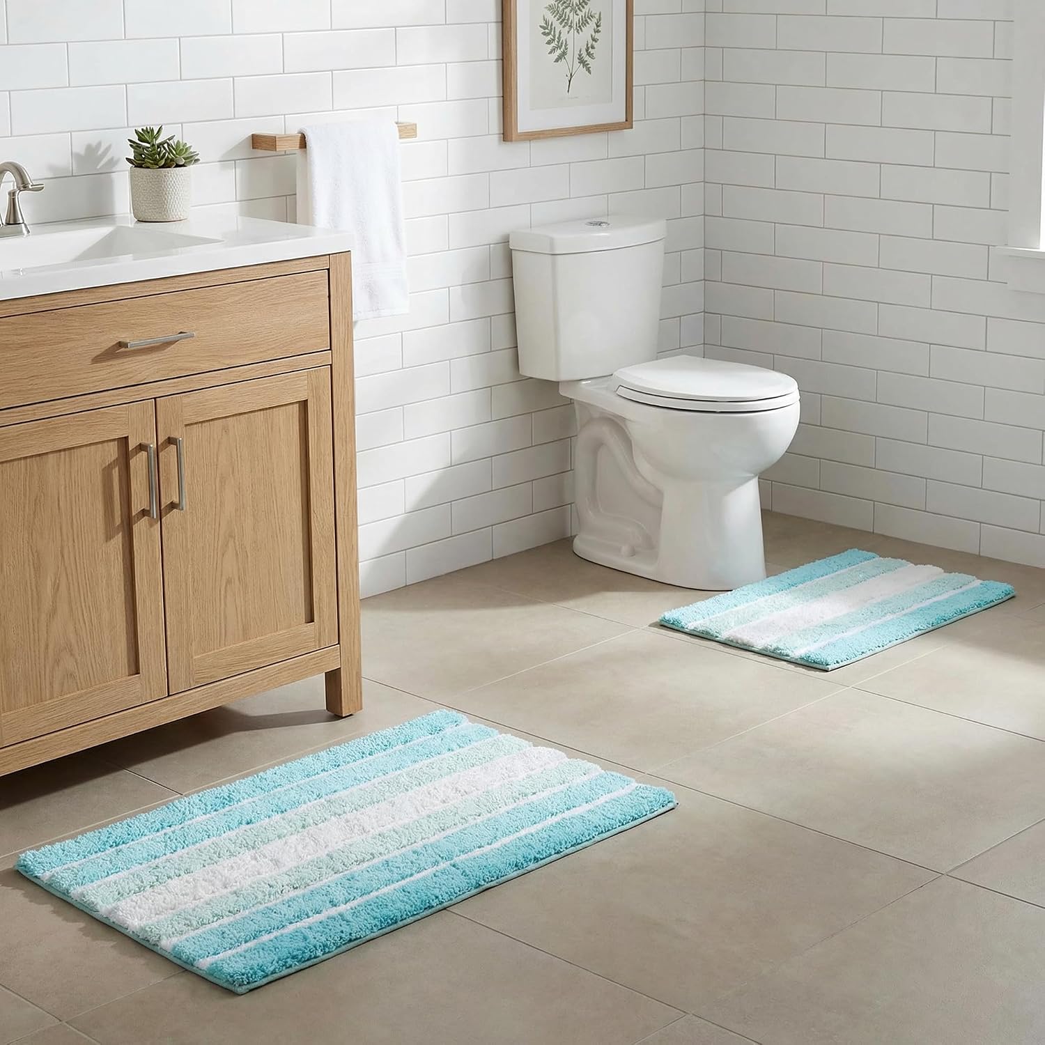 Cotton Alpine Stripe Bathmat Rug Set of 2, 21x32/17x24 Inches - Grey Beige, Non Slip Luxury Washable Decorative Bath Rug Idea for Bathroom, Hotel, Kitchen | Quick Water Absorbent Mat for Shower Space