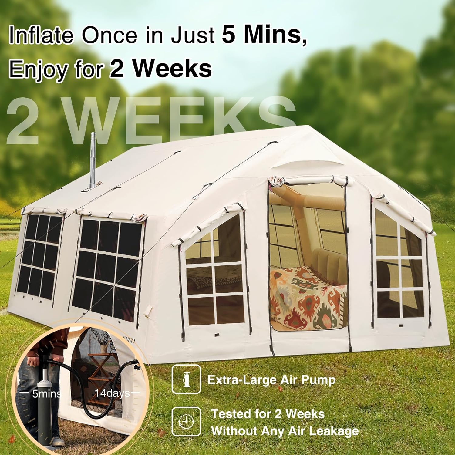 KNUO Inflatable Camping Tent, Large Blow-Up Air Tent, No Assembly Needed Luxury Glamping House, Oxford Fabric