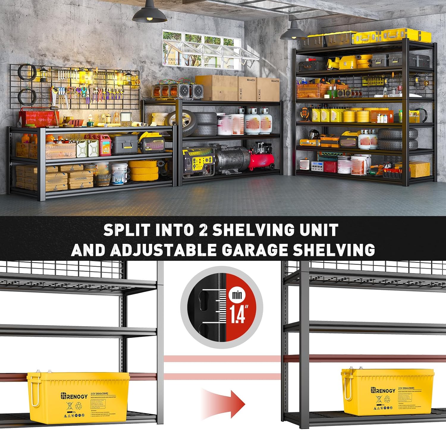 Image illustrating how the REIBII garage shelving unit can be split into two smaller, adjustable shelving units, with a diagram showing minimum shelf height adjustment.