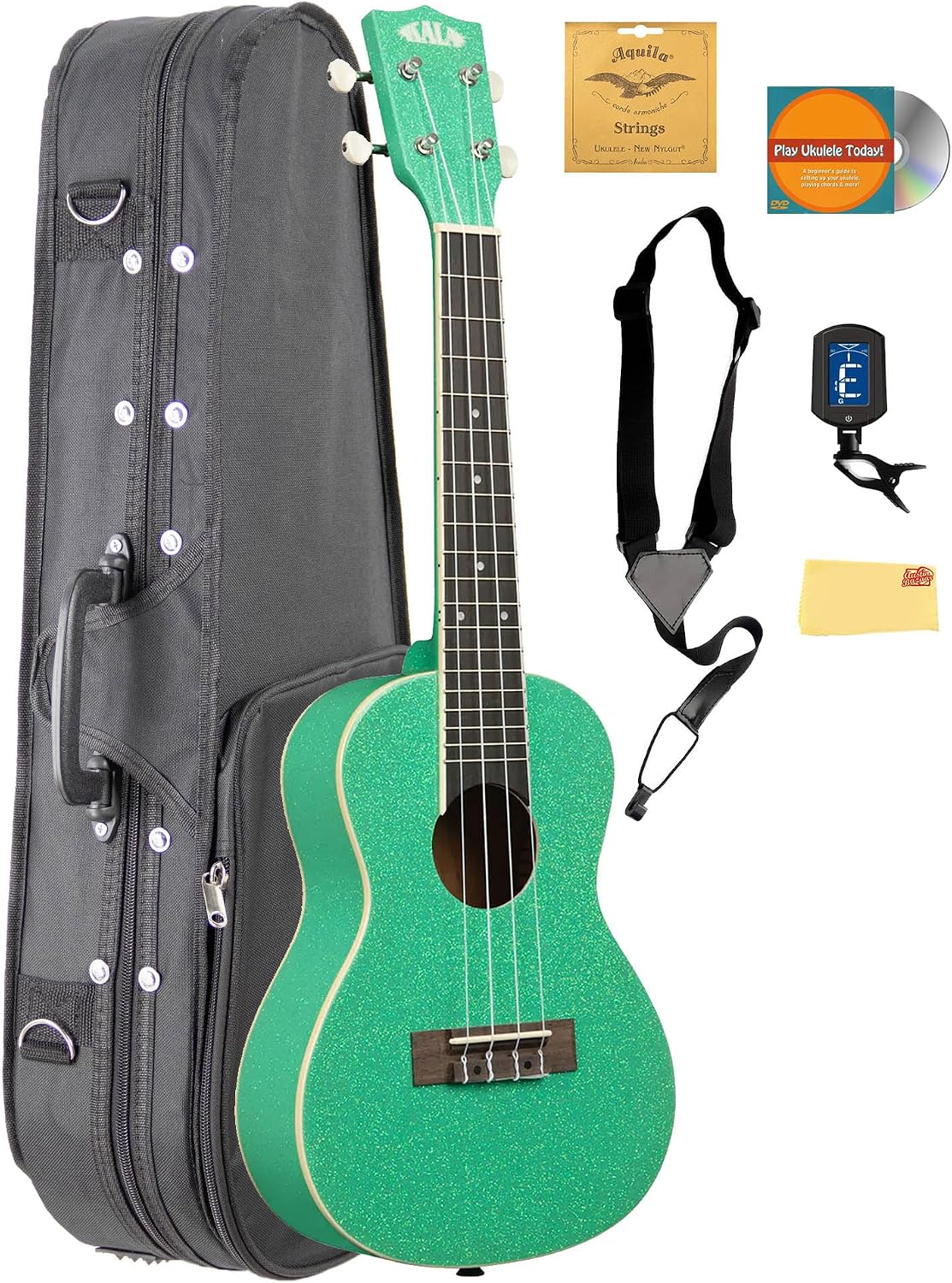 Kala KA-SPRK-GREEN Gatsby Green Sparkle Concert Ukulele Bundle with Case, Tuner, Aquila Strings, Strap, Austin Bazaar Instructional DVD, and Polishing Cloth
