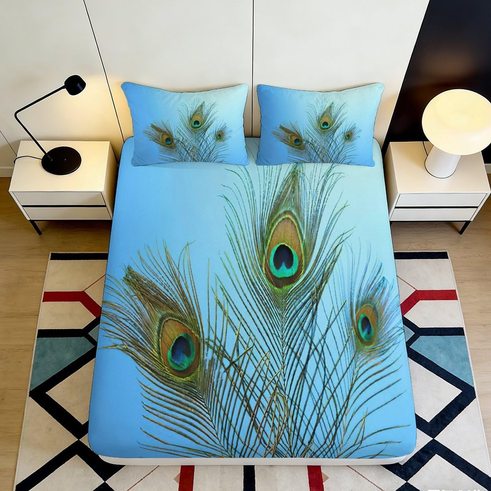 3D Printed Peacock Feather Fitted Sheet, Microfiber Soft Touch, Wrinkle Resistant, Bedroom Bed Sheet, Apartment Bedding, Easy Care, Home Decor, Anti-Slip, Dustproof, Mattress Cover, Blue 120x200x25cm