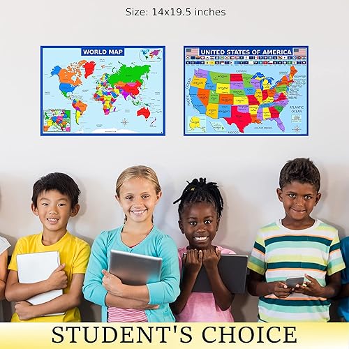 Miniatura 8 de Póster de mapa del mundo y mapa de Estados Unidos con características adicionales, póster educativo laminado (14 x 19.5 pulgadas), mapas para niños,