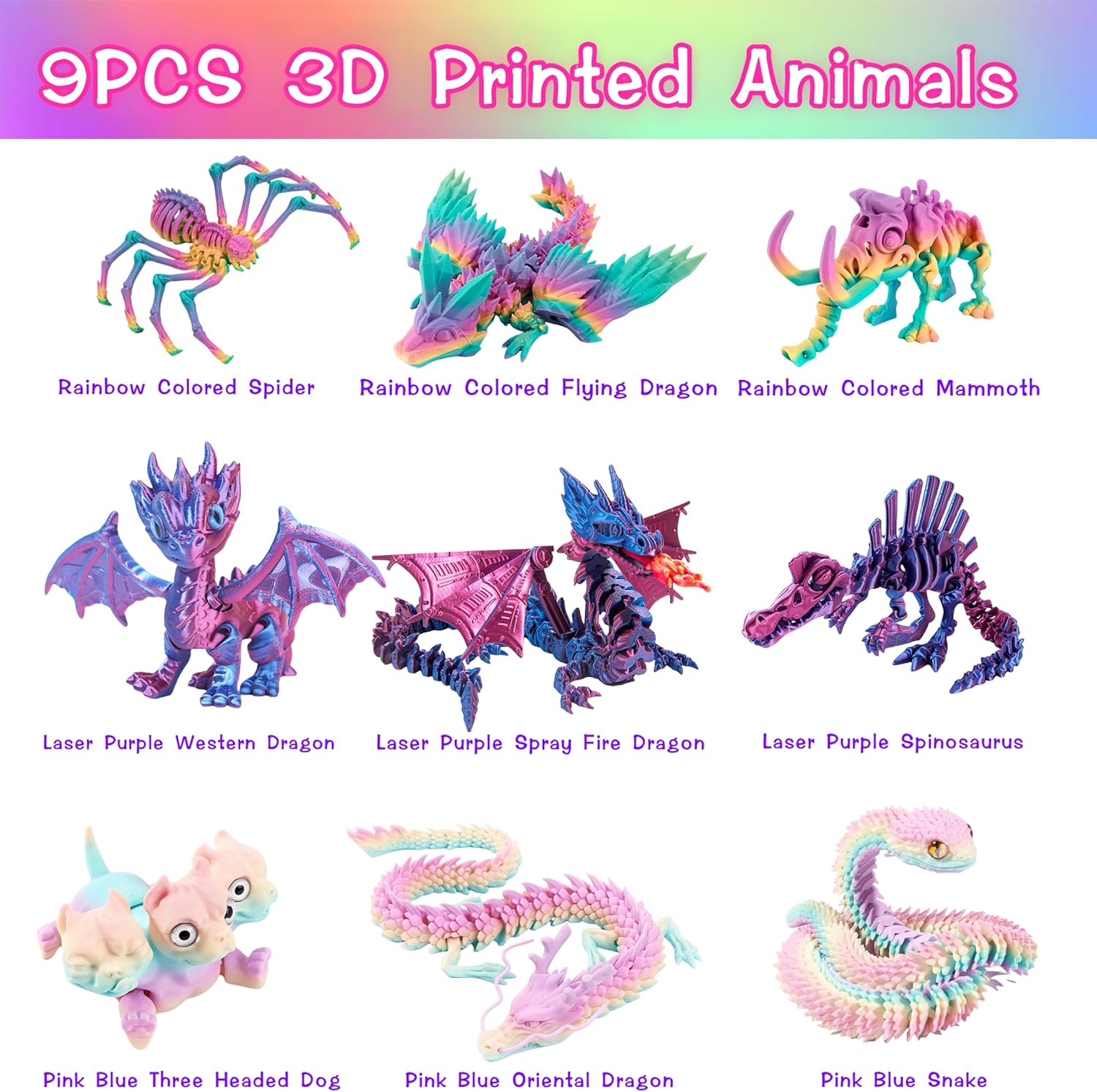9PCS 3D Printed Animals Dragon Collection Kids Toys - Inclued 3D Printed Dragon with wings,Snake,Spider,Mammoth,Dog,Dinosaur,3D Printed Stuff Desk Toys Kids Birthday Gifts for Home Office Decor