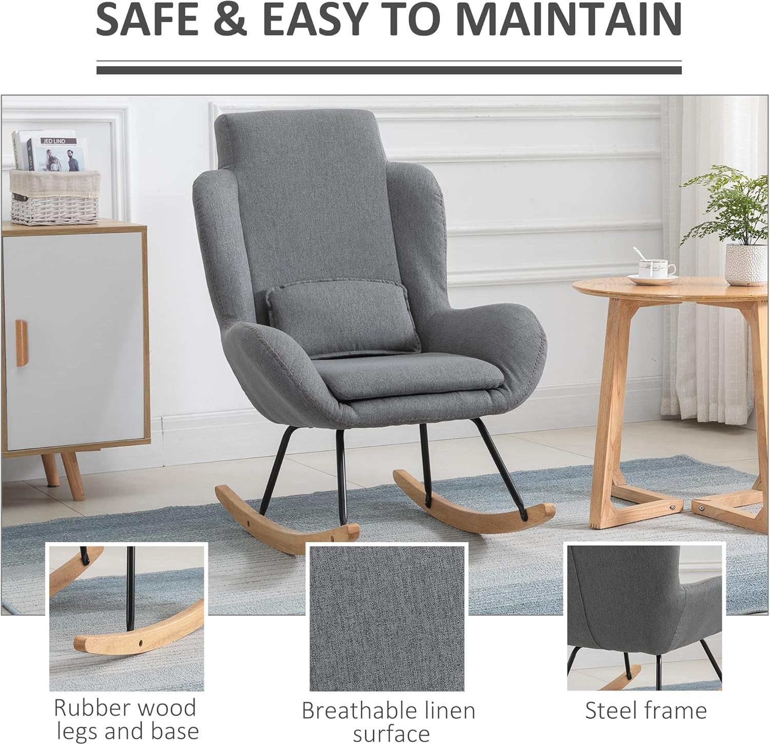 HOMCOM Modern Rocking Chair with Removable Lumbar Pillow Fabric Sofa Armchair with Thick Padding, Metal Frame, Wood Base for Living Room, Light Grey