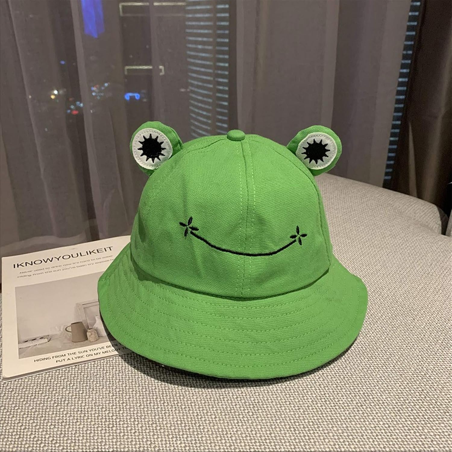 HOMIEBUDS SPPRANDOM Yasirona WallDecalsAndArt Cute Green Frog Bucket Hat, Summer Cotton Bucket Sunhat for Adults Womens Wide Brim Fisherman Fun Bucket Hat