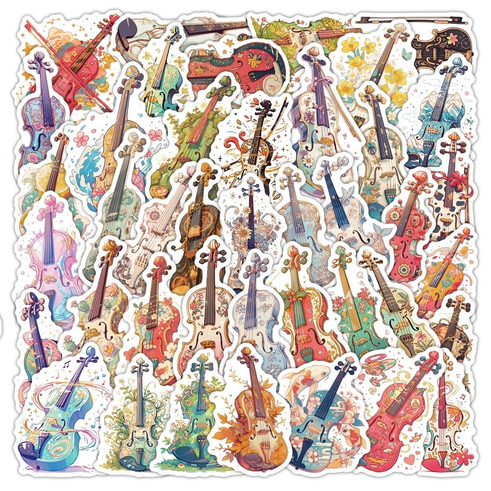 50 Pcs Violin Stickers Laptop Car Scrapbook Phone Skateboard Suitcase Luggage Bike Violin Vinyl Waterproof Aesthetic Personalised Stickers for Teens Boys Girls Adults