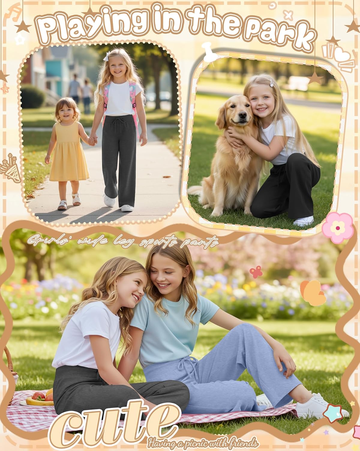 3 Pack Girl's Wide Leg Pants Elastic Waist Lightweight Joggers Kids Drawstring Casual Flowy Sweat Pants 5-14 Years