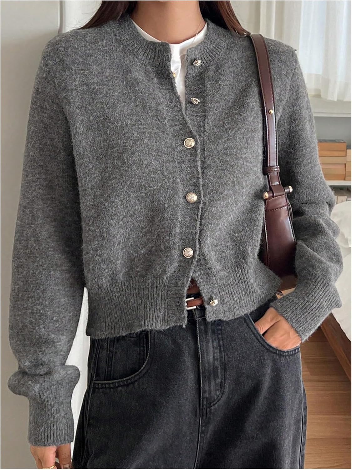 Milumia Women's Cropped Cardigan Button Down Crewneck Long Sleeve Knit Fall Sweater Jackets - Image 2