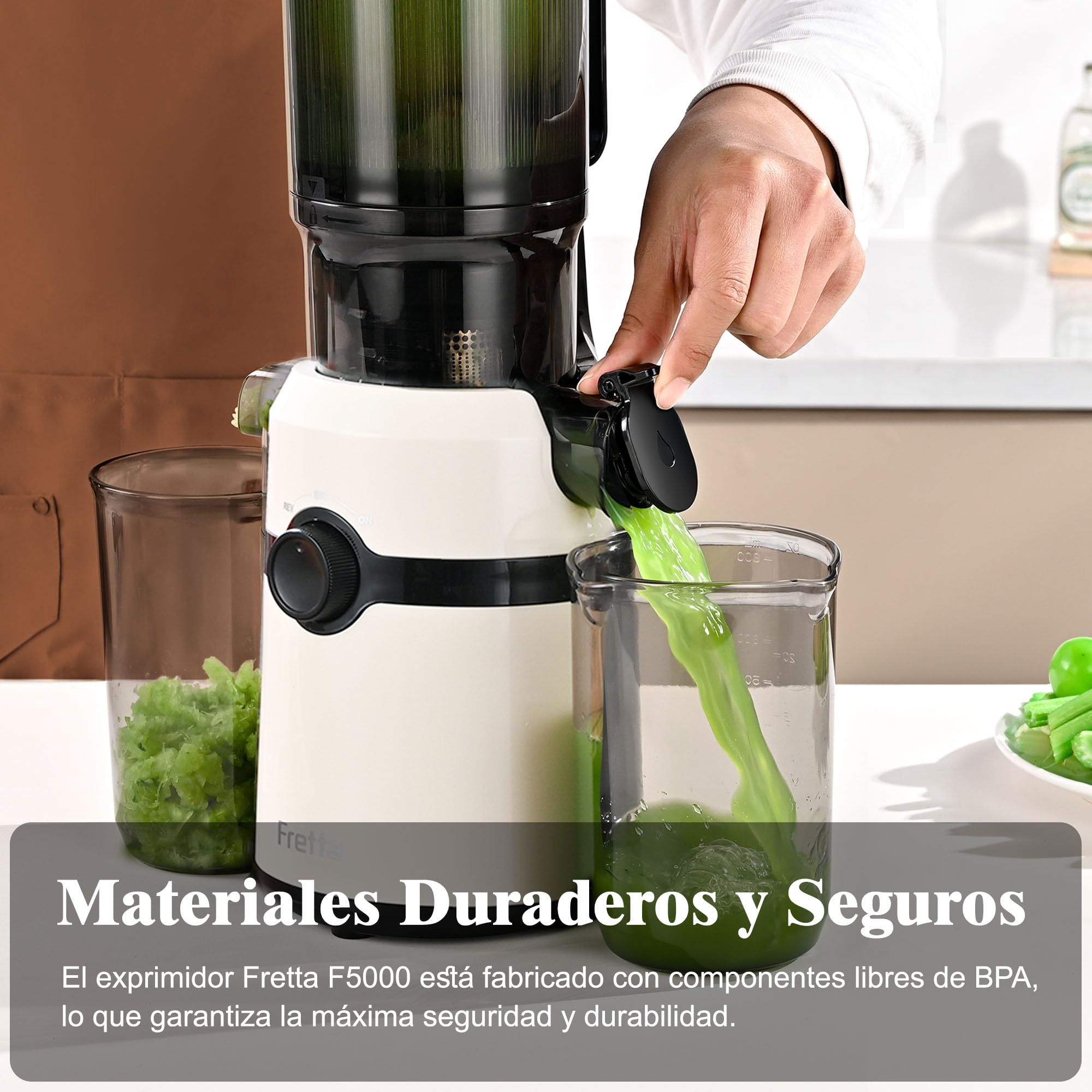 Fretta Extractor de Zumos y Verduras, Apertura de 108MM y Capacidad de 1L, Licuadora Prensado en Frio para Verduras Frutas Enteras, 200W Slow Juicer Machine,Fácil Montaje y Limpieza,Sin BPA(Blanco,1L)