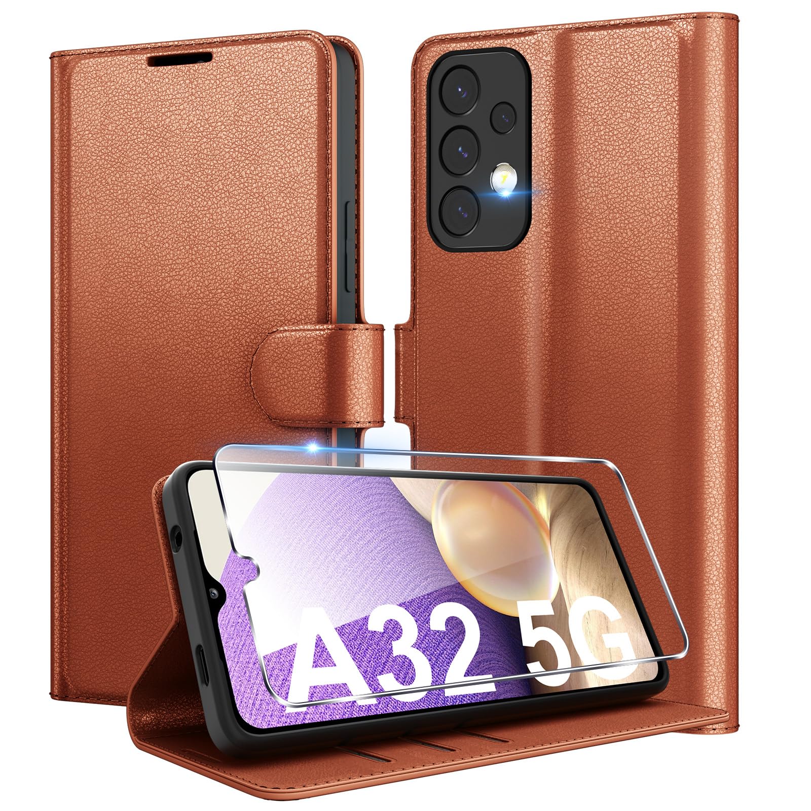 Eirltiy Cover per Samsung Galaxy A32 5G Portafoglio Pelle PU Premium, Custodia Scomparti Carte Antiurto Protettiva Case con 1 Vetro Temperato, Marrone