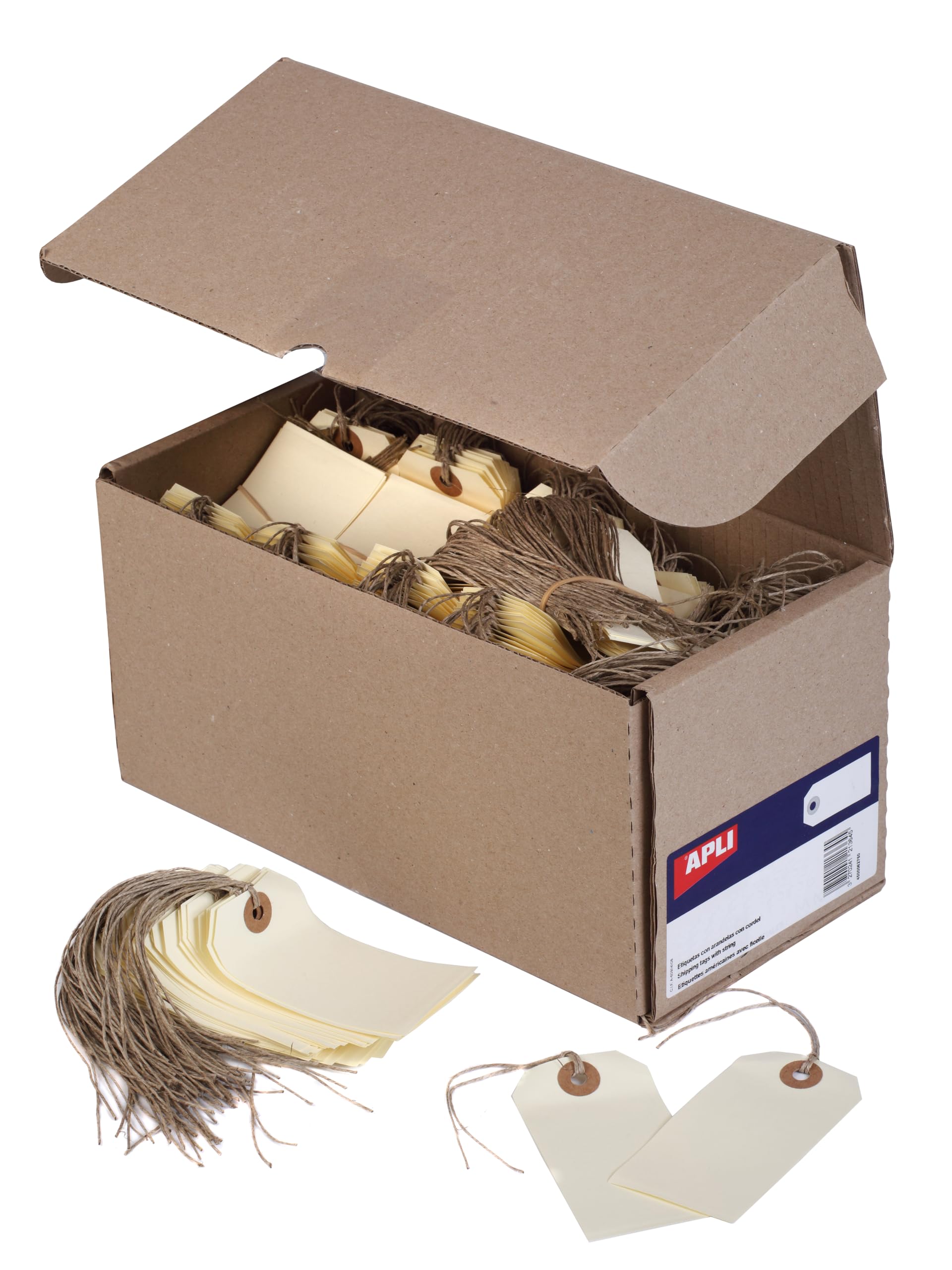 APLI 121364 - Étiquettes américaines crème 100x51 mm avec œillet + ficelle - Lot de 1000 - Pour marquage manuel, cadeaux, stockage, artisanat