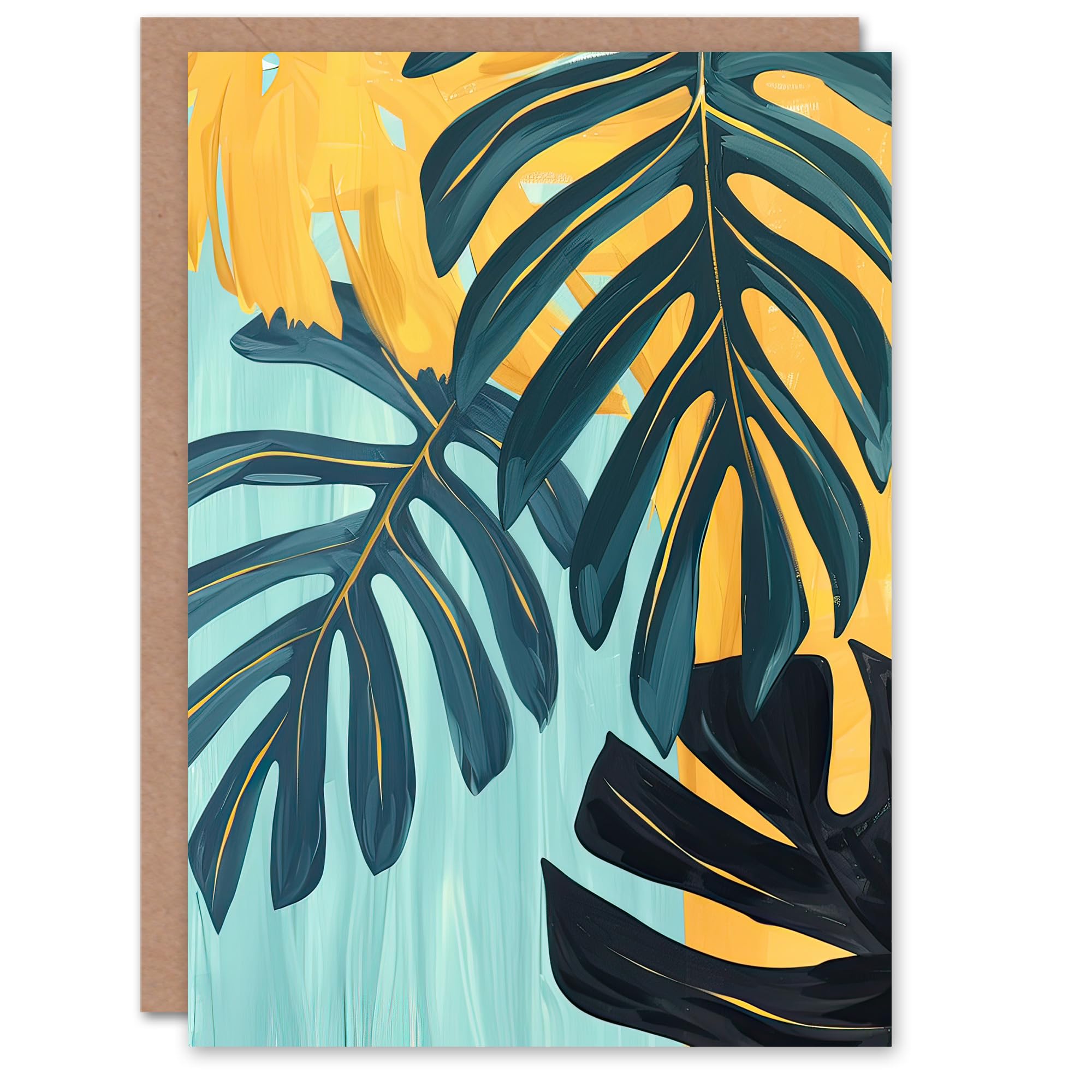 Artery8 Greeting Card Monstera Deliciosa Leaves Teal Yellow Painting Blank For Him Or Her Art Birthday Card