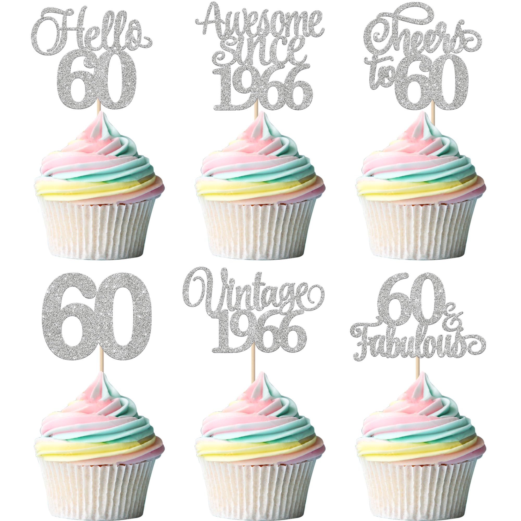 Xsstarmi 24 Pack Vintage 1966 Cupcake Toppers Glitter Silver Hello 60 Fabulous Sixty Cupcake Picks Cheers to 60 Years Birthday Cake Decorations for Happy 60th Birthday Anniversary Party Supplies โ image 1