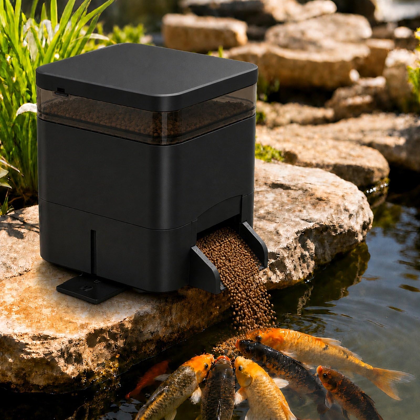 Mangiatoia Automatica Pesci da Laghetto Solare con Controllo App, Serbatoio 4L Circa 1,5kg, 1–12 Pasti al Giorno, Mangime 1–12mm, per Carpe Koi e Pesci da Laghetto Black