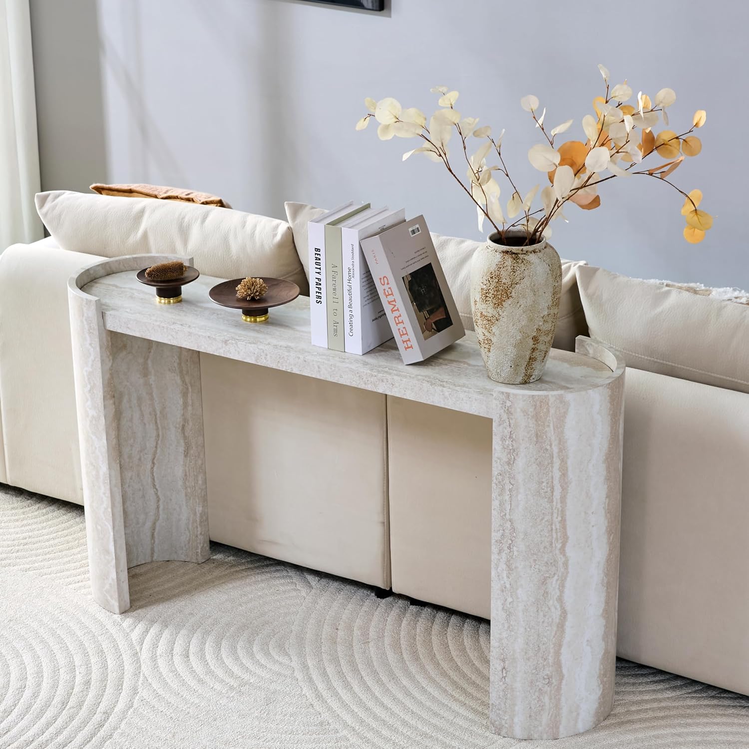 53" Faux Travertine Stone Console Table for Entryway, Sofa Entrance Table with Faux Mars Marble Pattern, Modern Sofa Tables with Round Raised Edge Design for Living Room, Hallway, Foyer, Beige