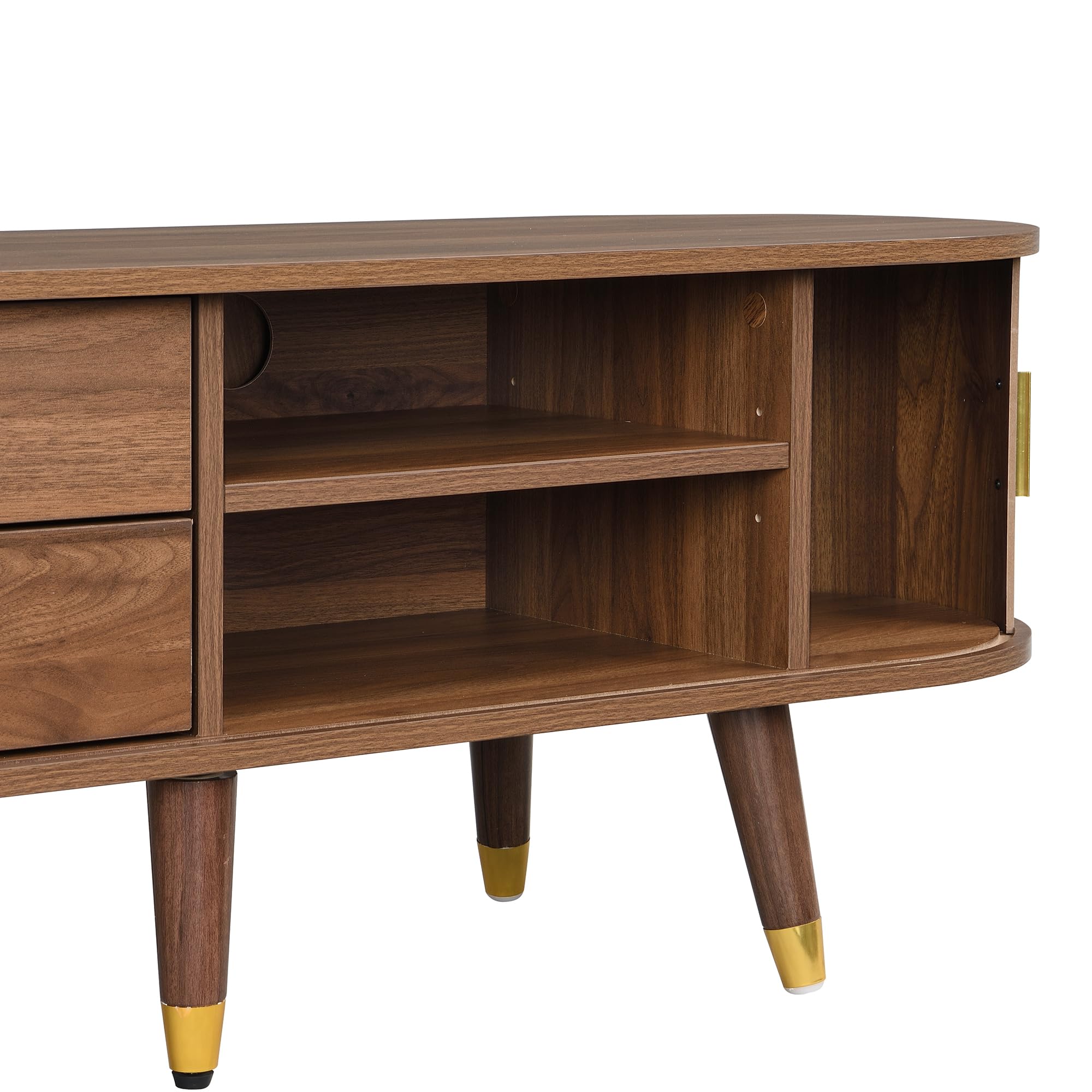 HAINEW Szafka pod telewizor z 2 drzwiami przesuwnymi i 2 szufladami, stolik pod telewizor, 6 półek i owalny blat stołu, do salonu, sypialni, kolor drewna, 175 x 38 x 45 cm