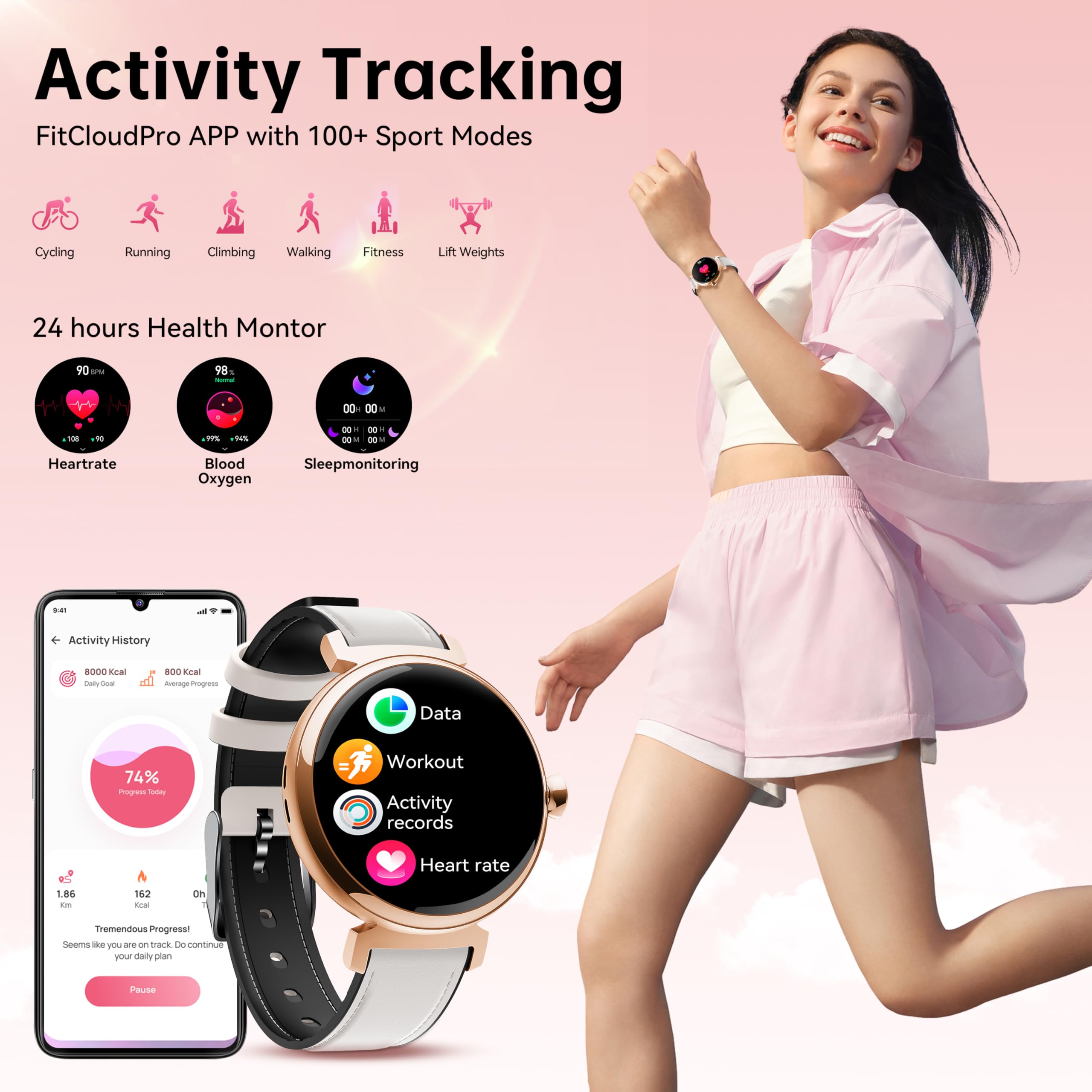 OUKITEL BT30 Smartwatch Donna - 1,04"HD Schermo Tattile Orologio Smartwatch con chiamate Bluetooth,Smart Watch con Contapassi/Cardiofrequenzimetro/Sonno,100+Sport Impermeabil IP68 per Android iOS,Nero