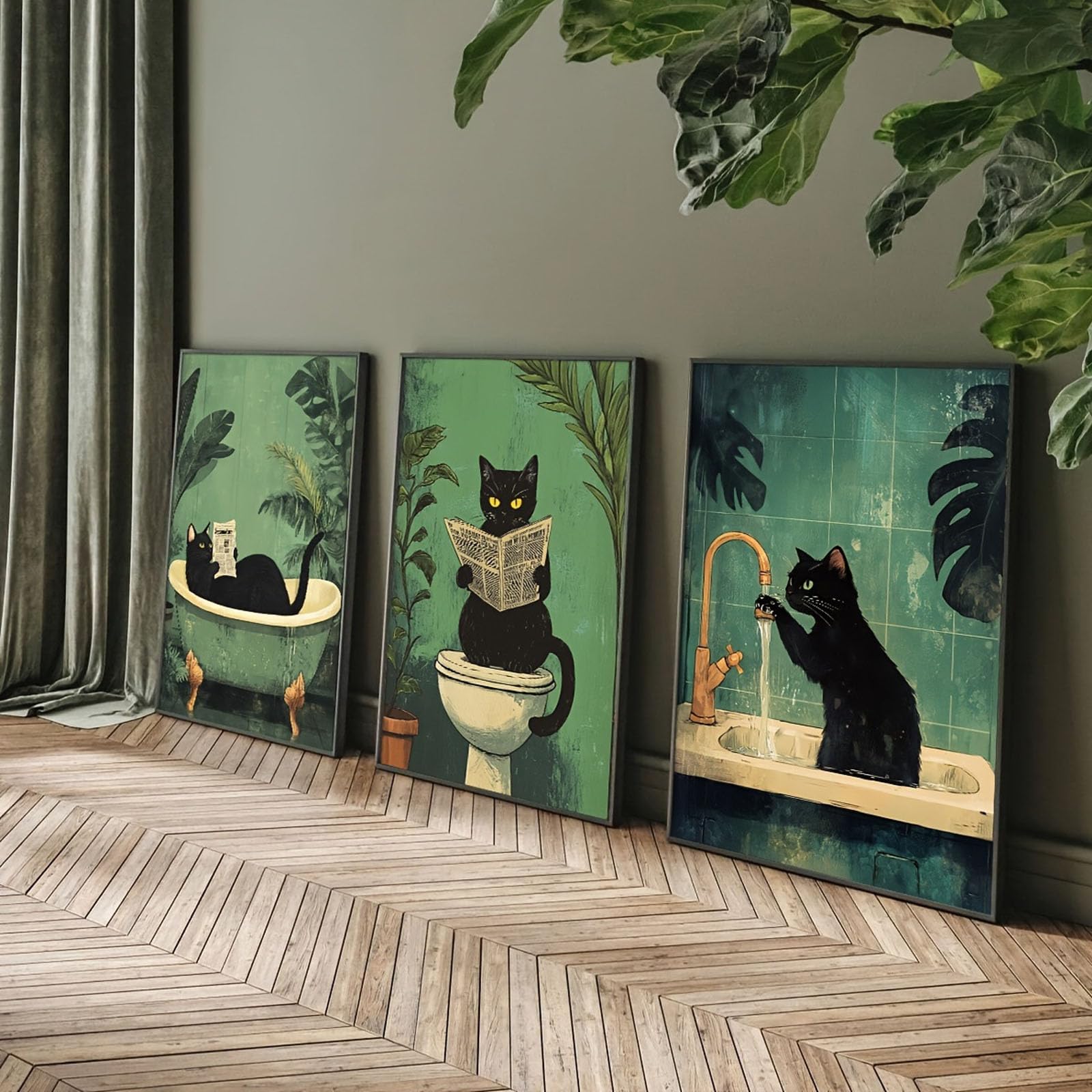 JORCEDI 3-piece poster set, funny vintage-style cat motifs for bathroom & laundry room, ideal wall decoration, unframed (50 * 70cm)