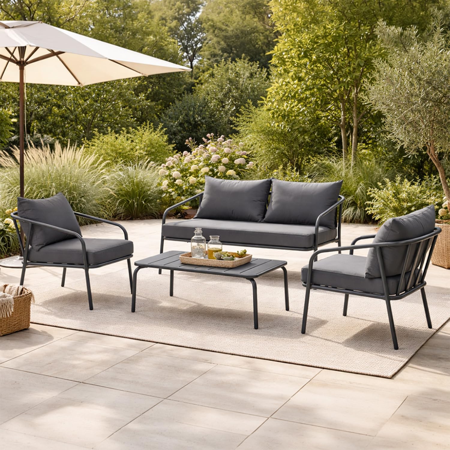 CONCEPTO Fábrica | Jardín BERGAME 4 plazas 120 cm Acero Gris | Gran Salón Exterior Amigable | Muebles Jardín Terraza Piscina | Resistencia Sol & Intemperies | Premium Design Amigable
