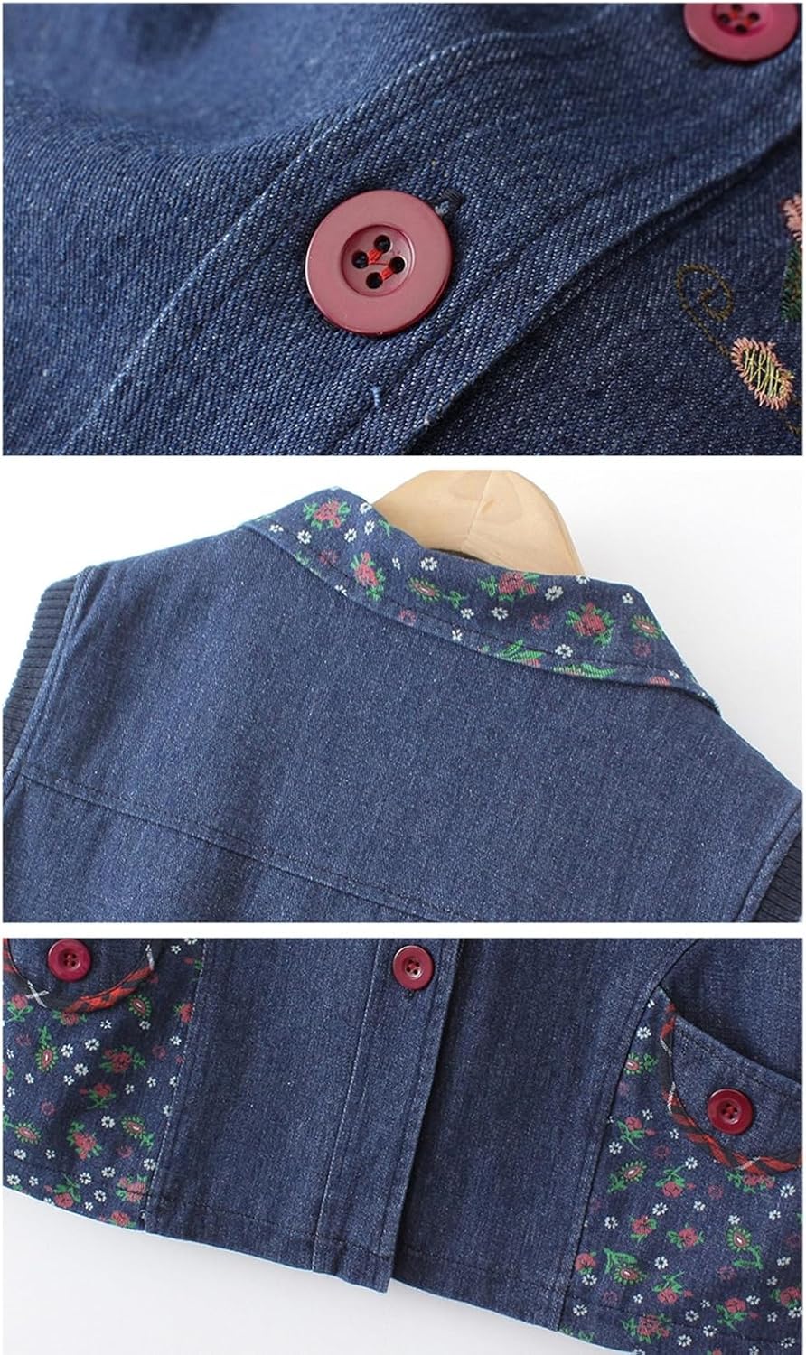 [RAMEMO] レディース デニムベスト 花柄 ノースリーブジャケット チョッキ かわいい 日系 シニア女性 お年寄り カジュアル