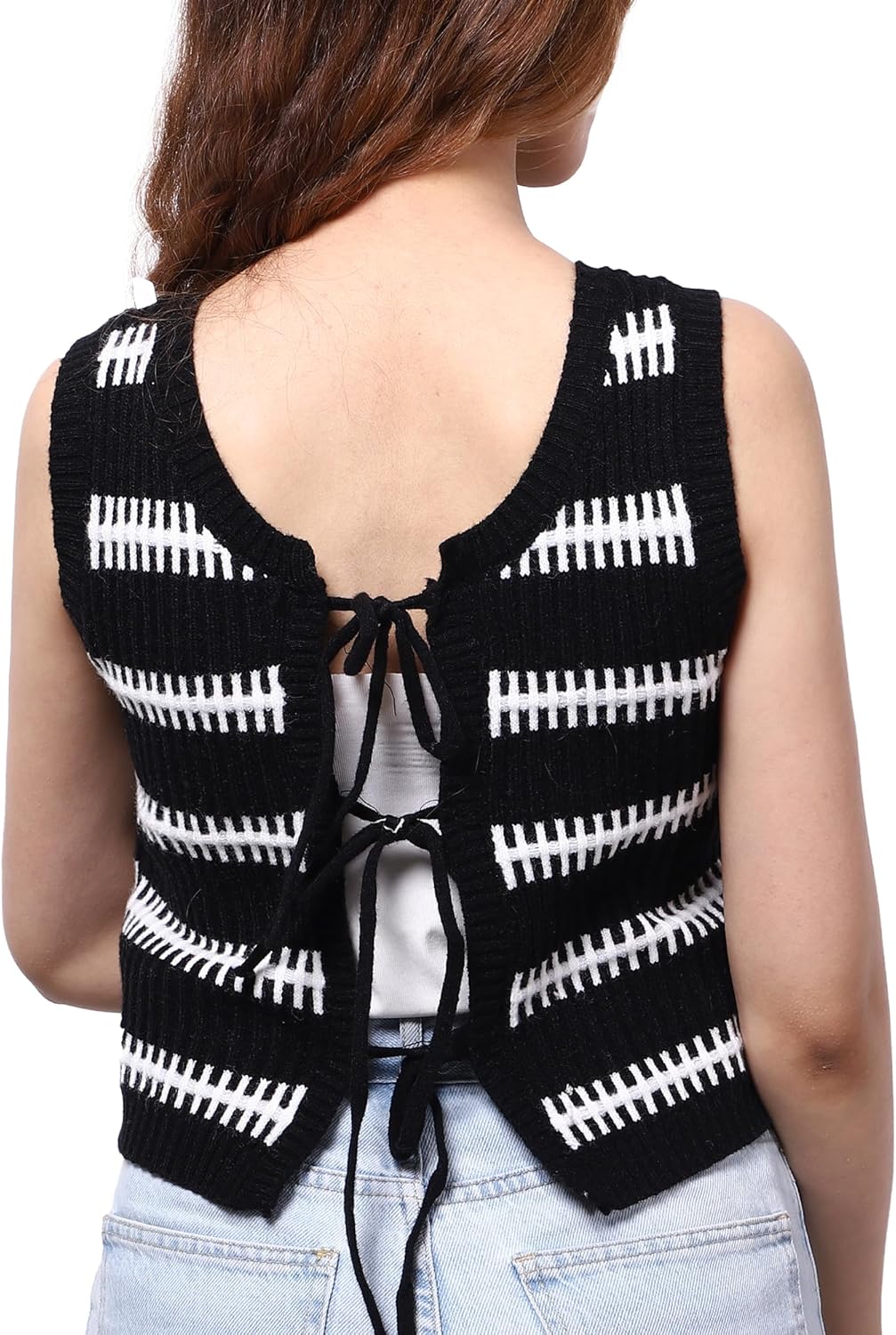 Sweater Vest Women Casual Sleeveless Crochet Tops Color Block Tie Back Knit Tank Tops with Pockets