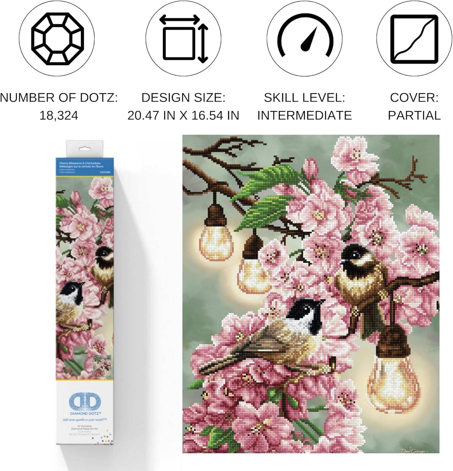 DIAMOND DOTZ Cherry Blossoms & Chickadees Art Craft Kit, Partial Drill Round Dotz for Adults