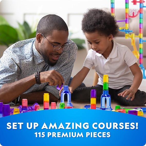 National Geographic Glow in the Dark Marble Run 115-Piece Set for Kids | 25 Glow in the Dark Glass Marbles, Track and Action Pieces, Marble Maze, Creative Construction, STEM Physics Toy, Storage Bag