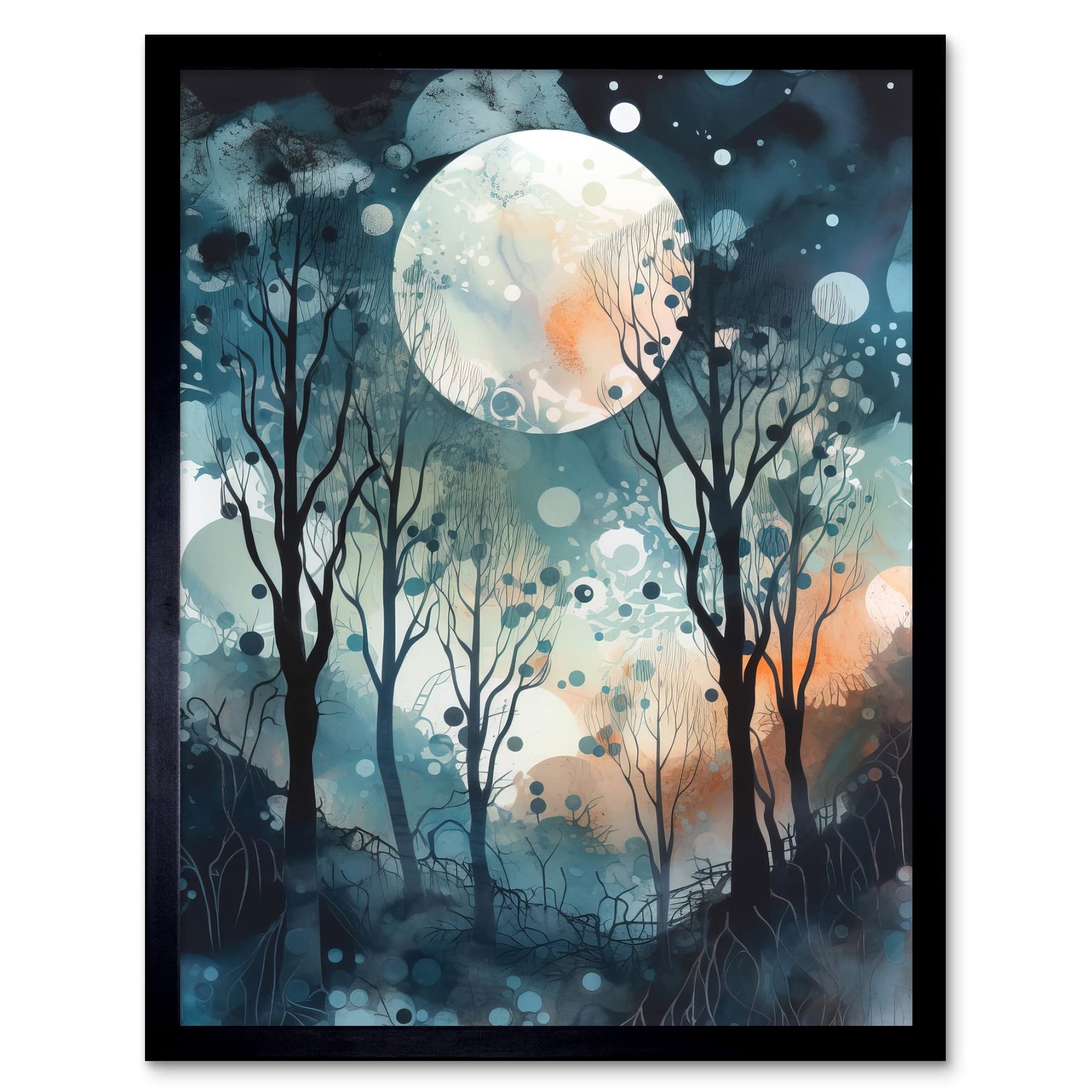 Artery8 Framed Black 12X16 Full Moon Winter Forest Landscape Snowfall Over Trees At Night Art Print Framed Poster Wall Decor 12X16 Inch