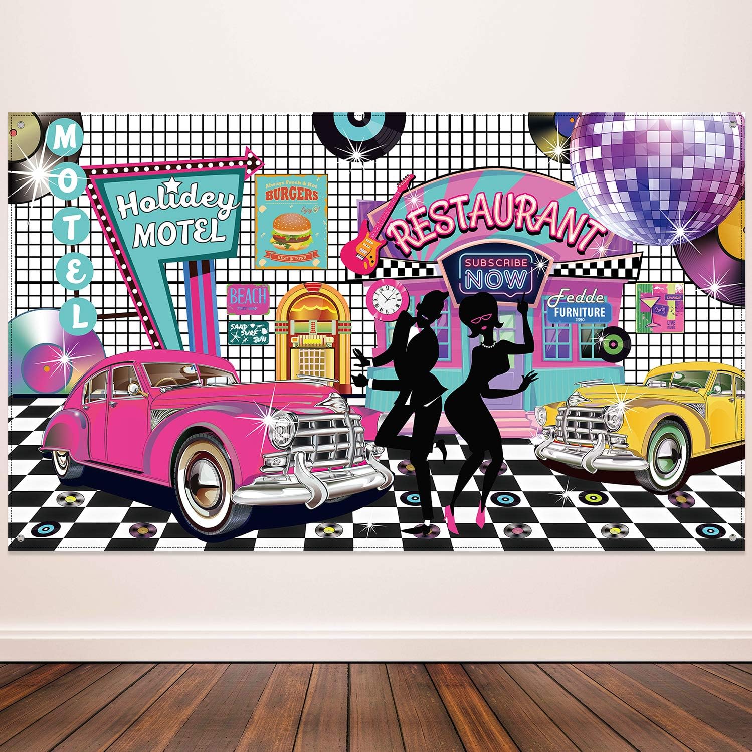 Blulu 50's Photo Backdrop 1950s Rock and Roll Sock Hop Theme Party Decorations Music Party Banner Classic Backdrop for 50's Theme Movie Rock Music Video DJ, 72.8 x 43.3 Inch