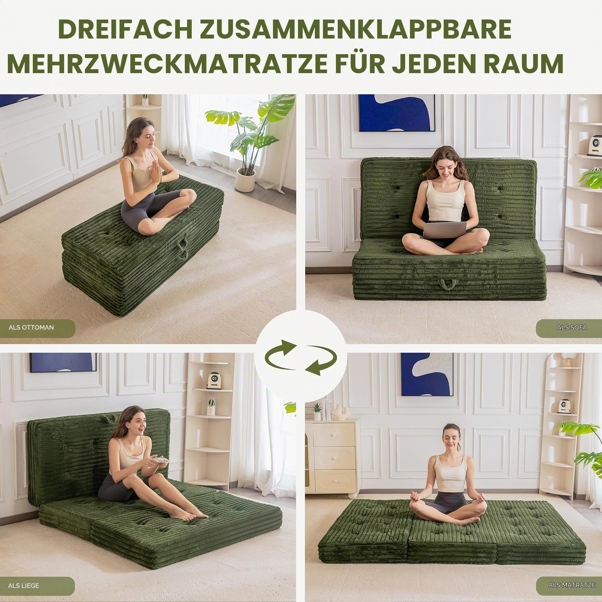 MAXYOYO Klappmatratze Doppelbett, 15cm Gepolsterte Faltbare Matratze mit Hochwertigem Kunstfell, 3-Teilige Gästematratze für Gästebett, Bodenmatratze Klappbar für Wohnzimmer