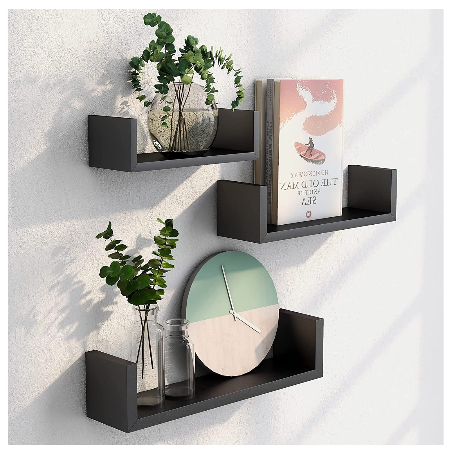 Floating Shelves Set of 3 - U Shaped Composite Wood Wall Mounted Display Ledges for Bedroom, Living Room, Bathroom, Kitchen, and Office (Black)