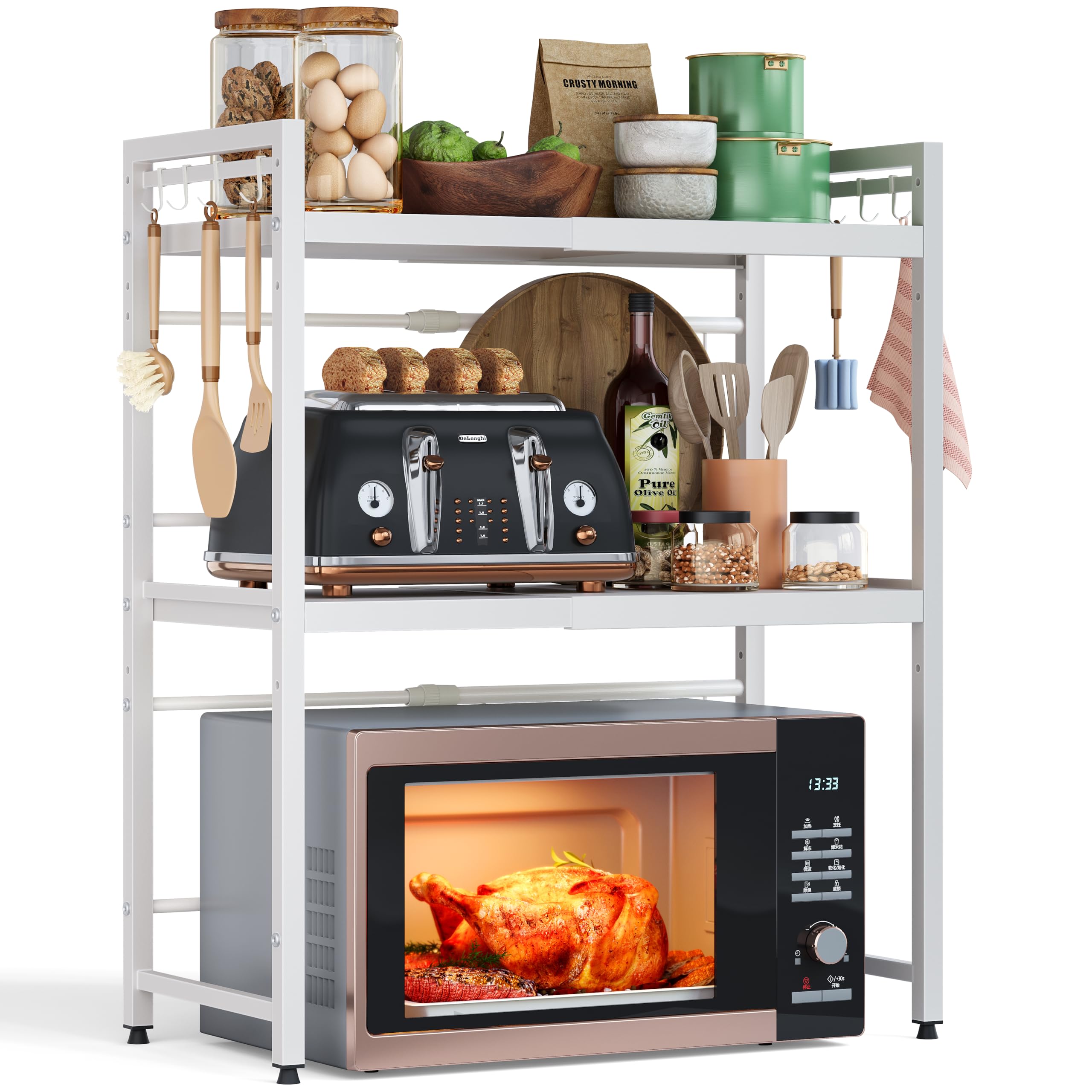 NETEL Extendable 3 Tier Microwave Stand, Adjustable Countertop Microwave Shelf, Kitchen Oven Stand, Shelf Kitchen Countertop, Microwave Organizer with 8 Hooks, White