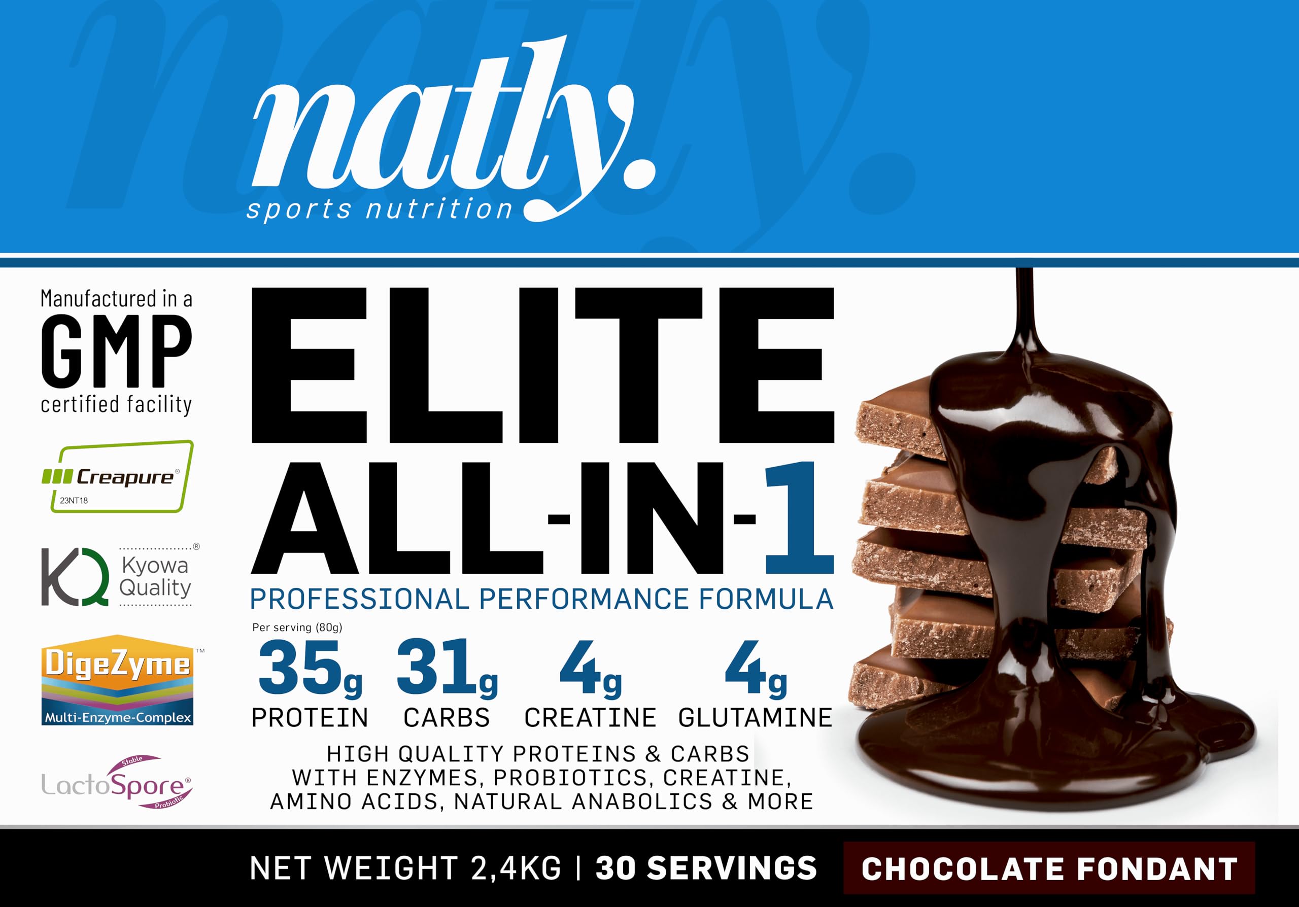 Natly Elite All-in-One 2,4 kg Chocolate | Todo en Uno con Proteína, Creatina Creapure, BCAA, Glutamina, HMB y Probióticos | Fórmula Avanzada Para Masa Muscular y Recuperación | 25+ Ingredientes