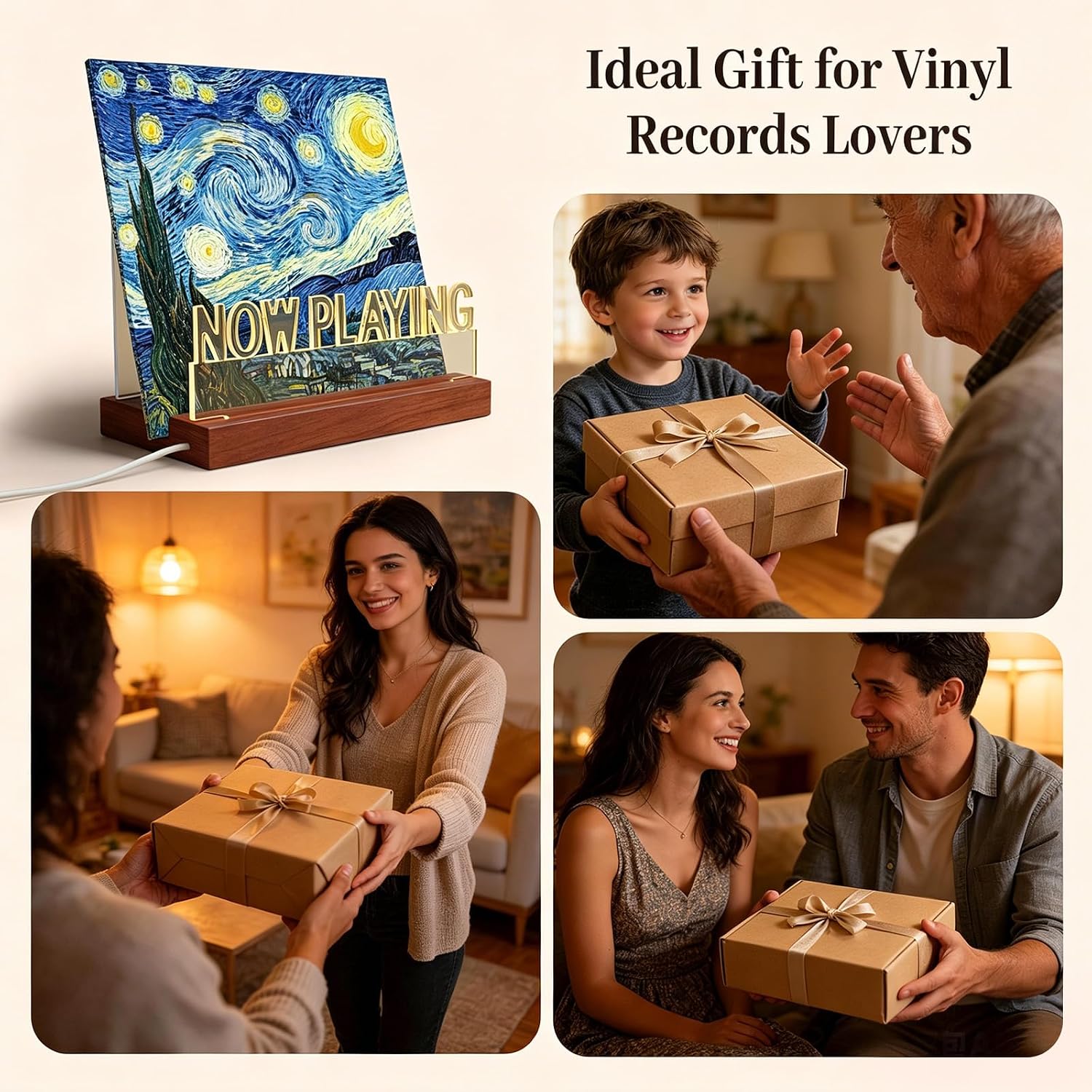 Now Playing Wooden Vinyl Records Stand, Light Up Cd Display Holder