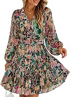 ZESICA Women's Floral Chiffon Mini Dress Long Sleeve Button A-Line Swing for Wedding Guests, Parties & Summer