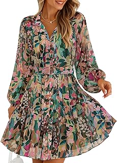 Womens Floral Long Sleeve Mini Dress Spring Button Chiffon A Line Swing ...
