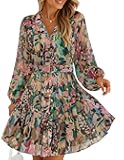 Womens Fall Floral Mini Dress 2025 Long Sleeve Button Down Chiffon A Line Flowy Short Shirt Dresses with Belt